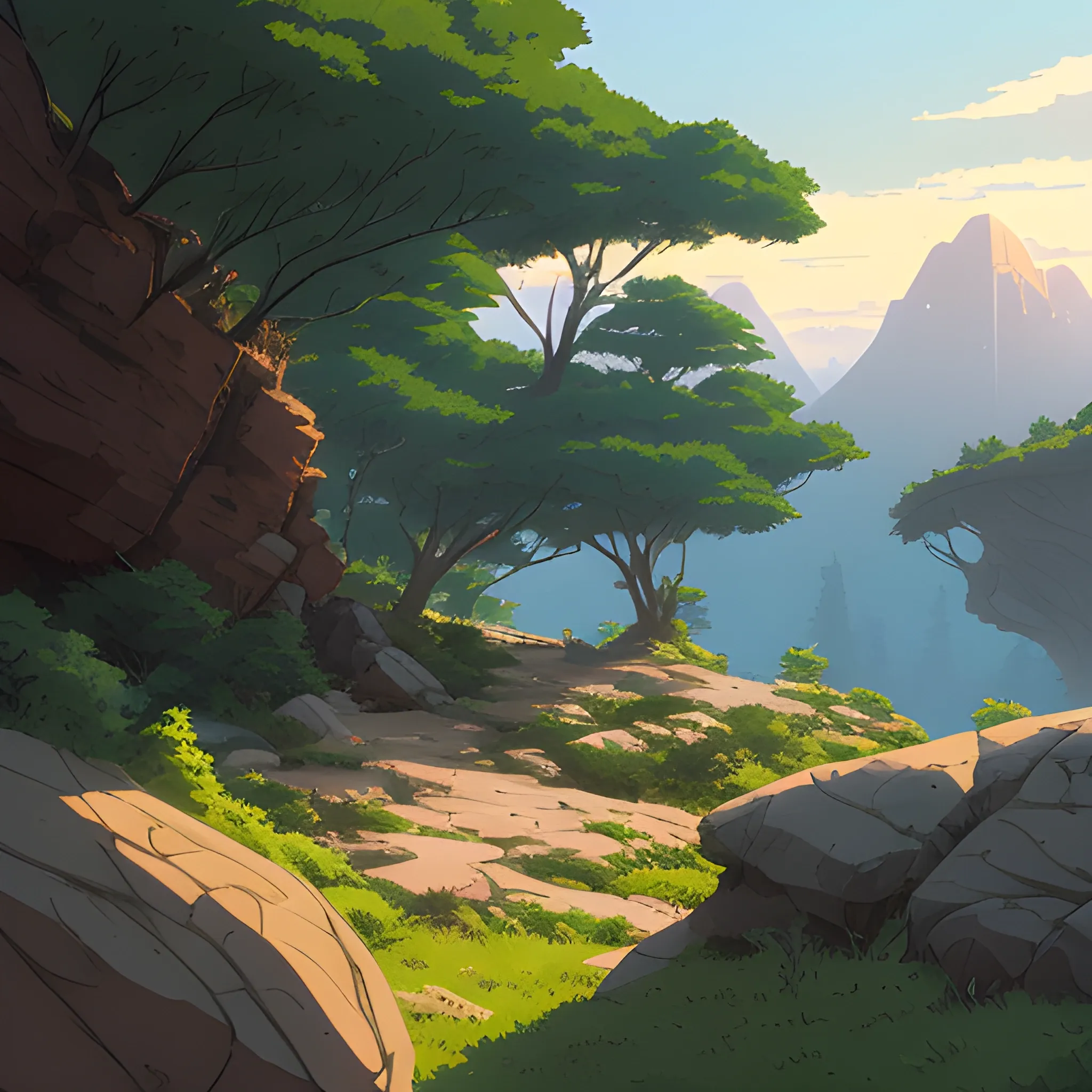 horizontal view with bush and rocks... in the style of makoto shinkai and greg rutkowski and albert bierstadt and james gurney, Cartoon