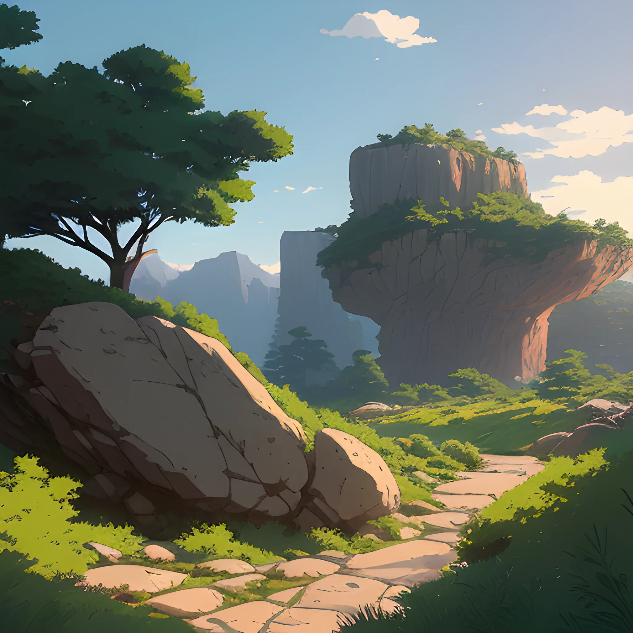 horizontal view with bush and rocks... in the style of makoto shinkai and greg rutkowski and albert bierstadt and james gurney, Cartoon