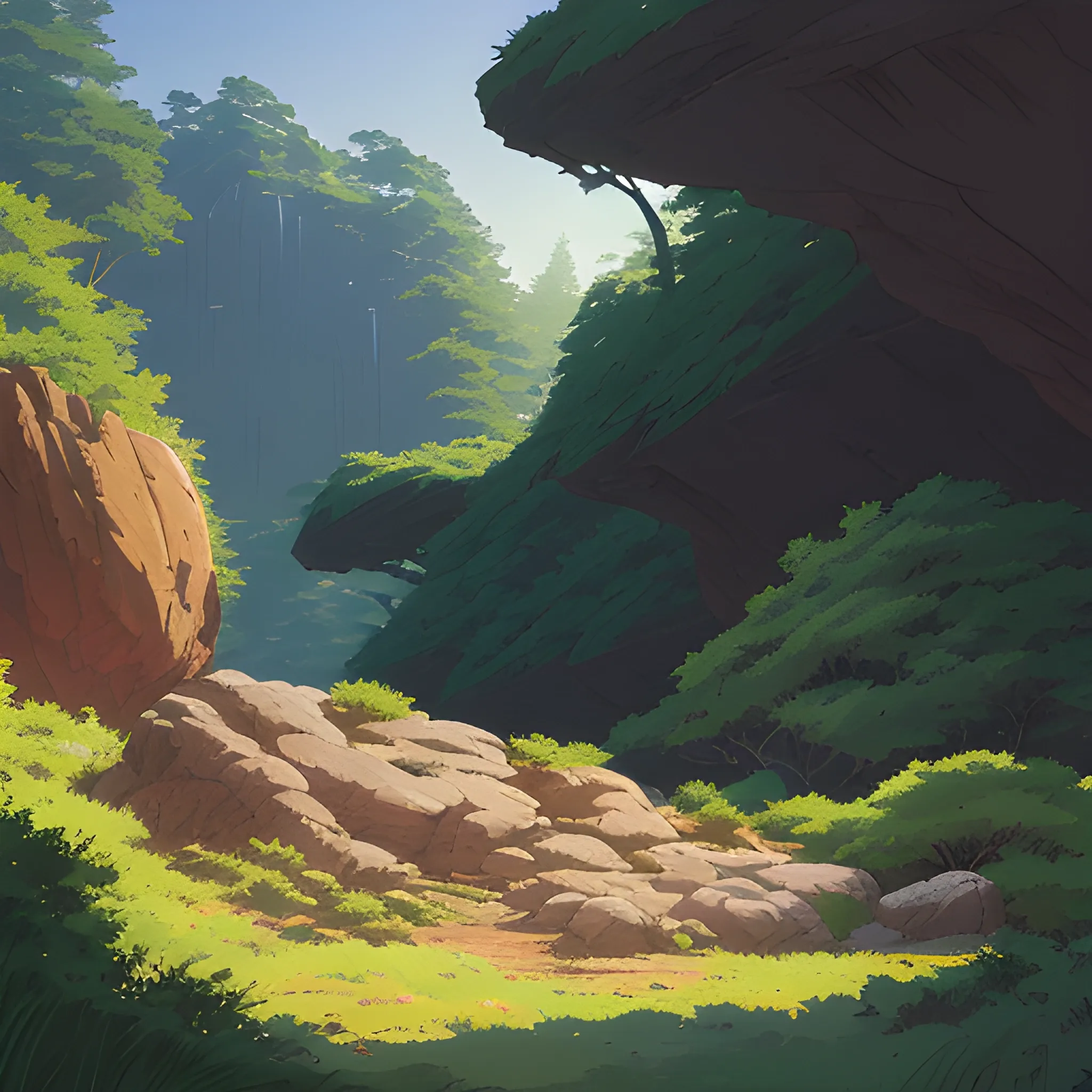 horizontal view with bush and rocks... in the style of makoto shinkai and greg rutkowski and albert bierstadt and james gurney, Cartoon