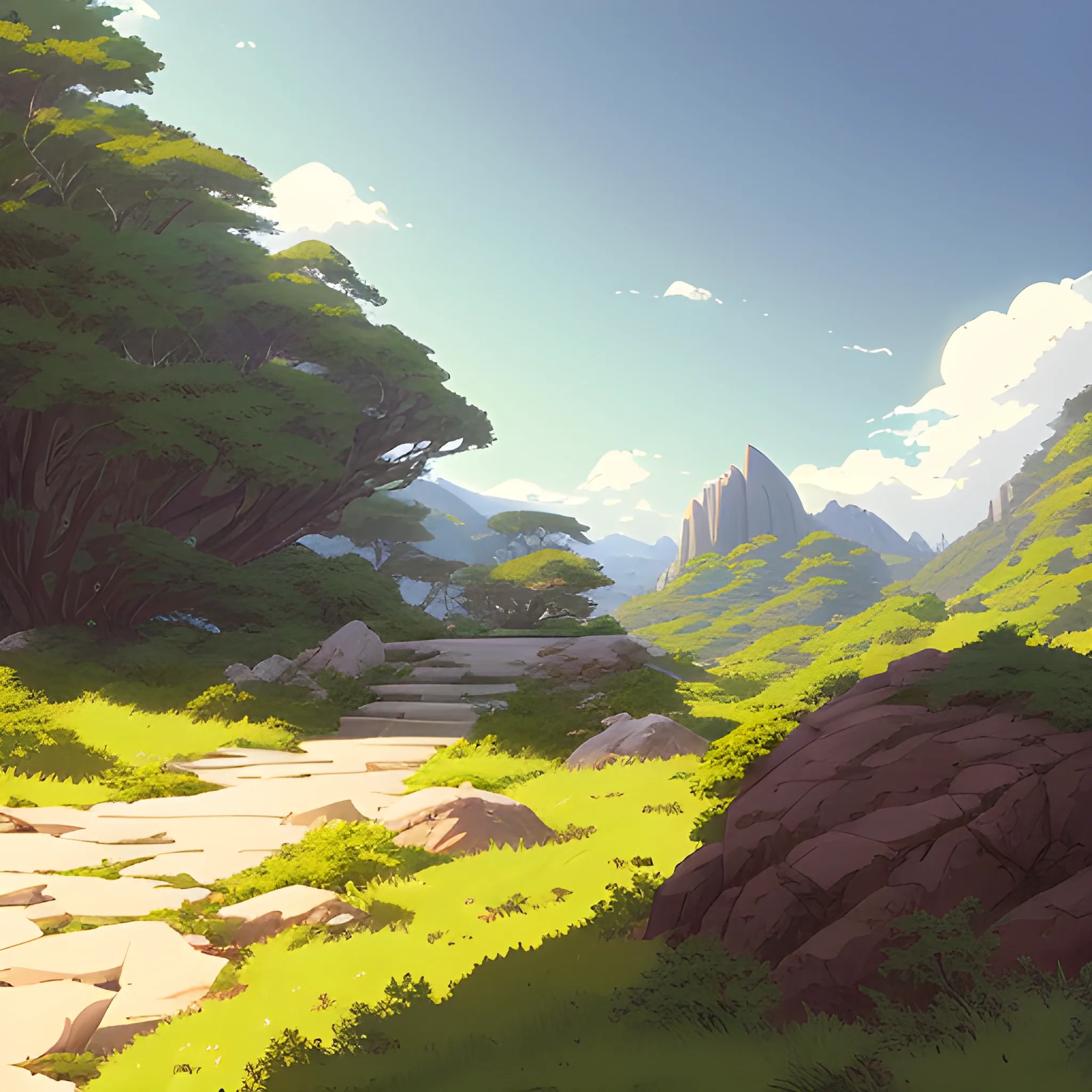 horizontal view with bush and rocks... in the style of makoto shinkai and greg rutkowski and albert bierstadt and james gurney, Cartoon