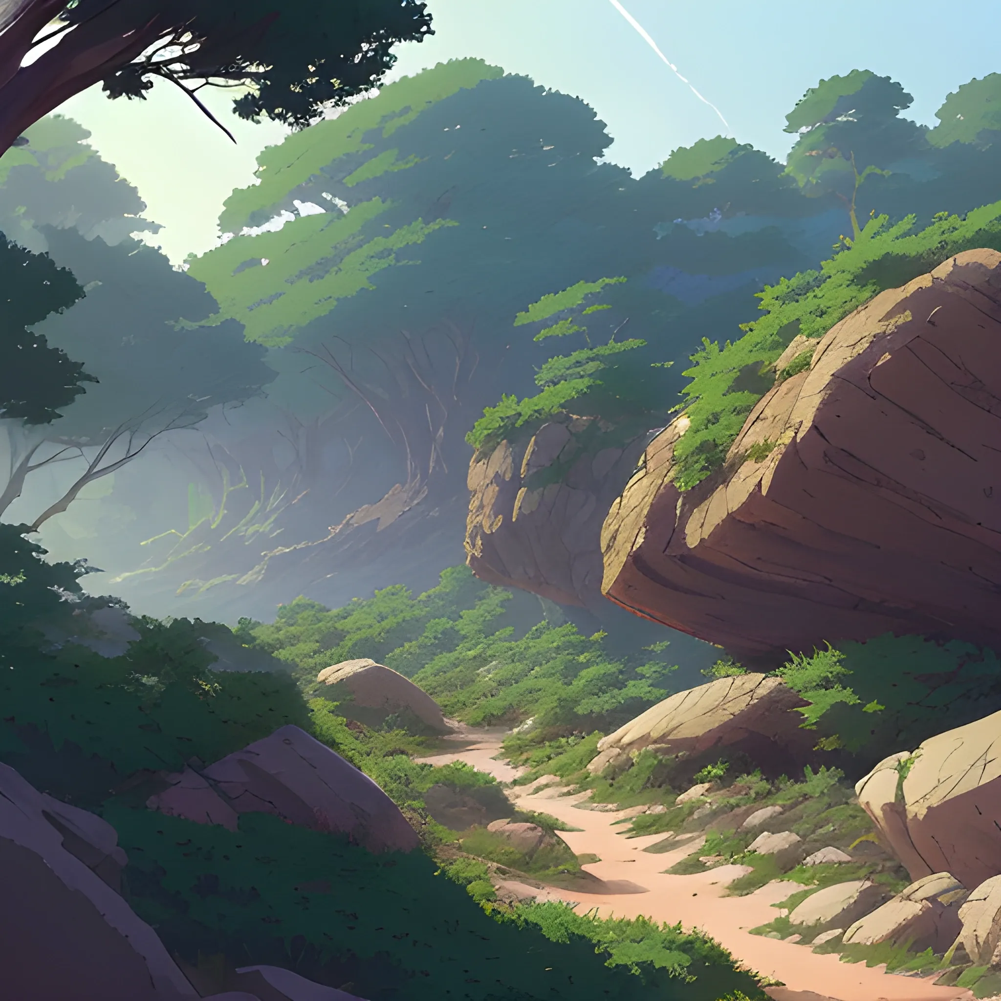 horizontal view with bush and rocks... in the style of makoto shinkai and greg rutkowski and albert bierstadt and james gurney, Cartoon