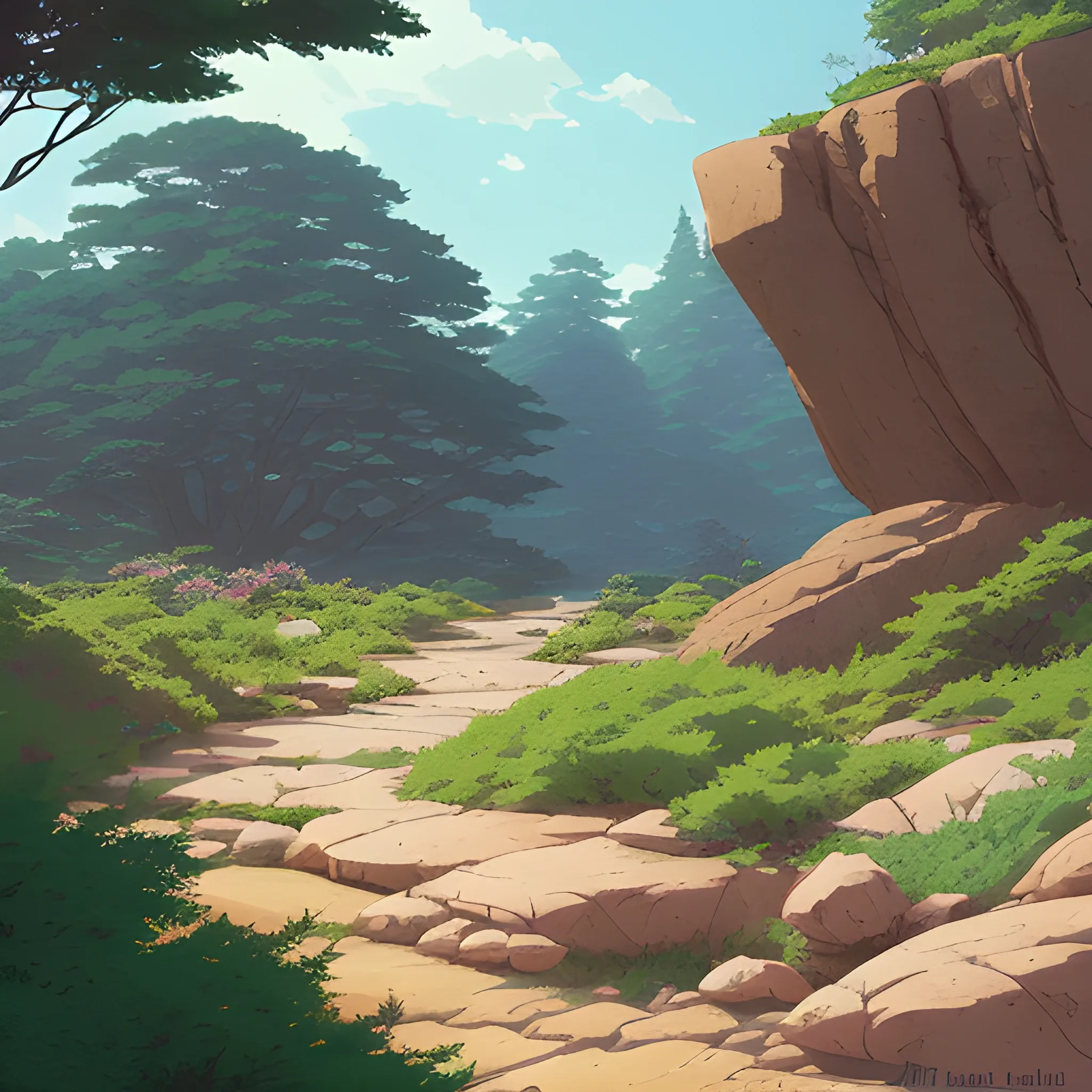 horizontal view with bush and rocks... in the style of makoto shinkai and greg rutkowski and albert bierstadt and james gurney, Cartoon