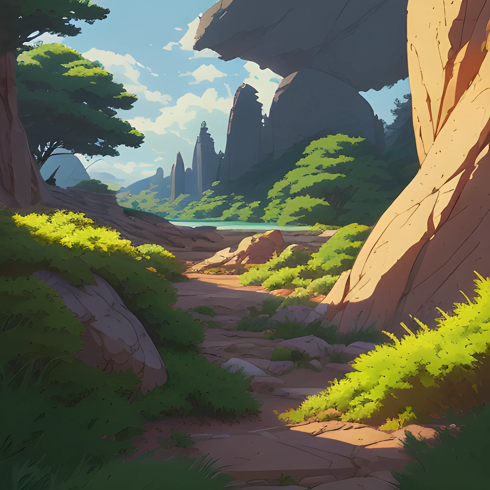 horizontal view with bush and rocks... in the style of makoto shinkai and greg rutkowski and albert bierstadt and james gurney, Cartoon