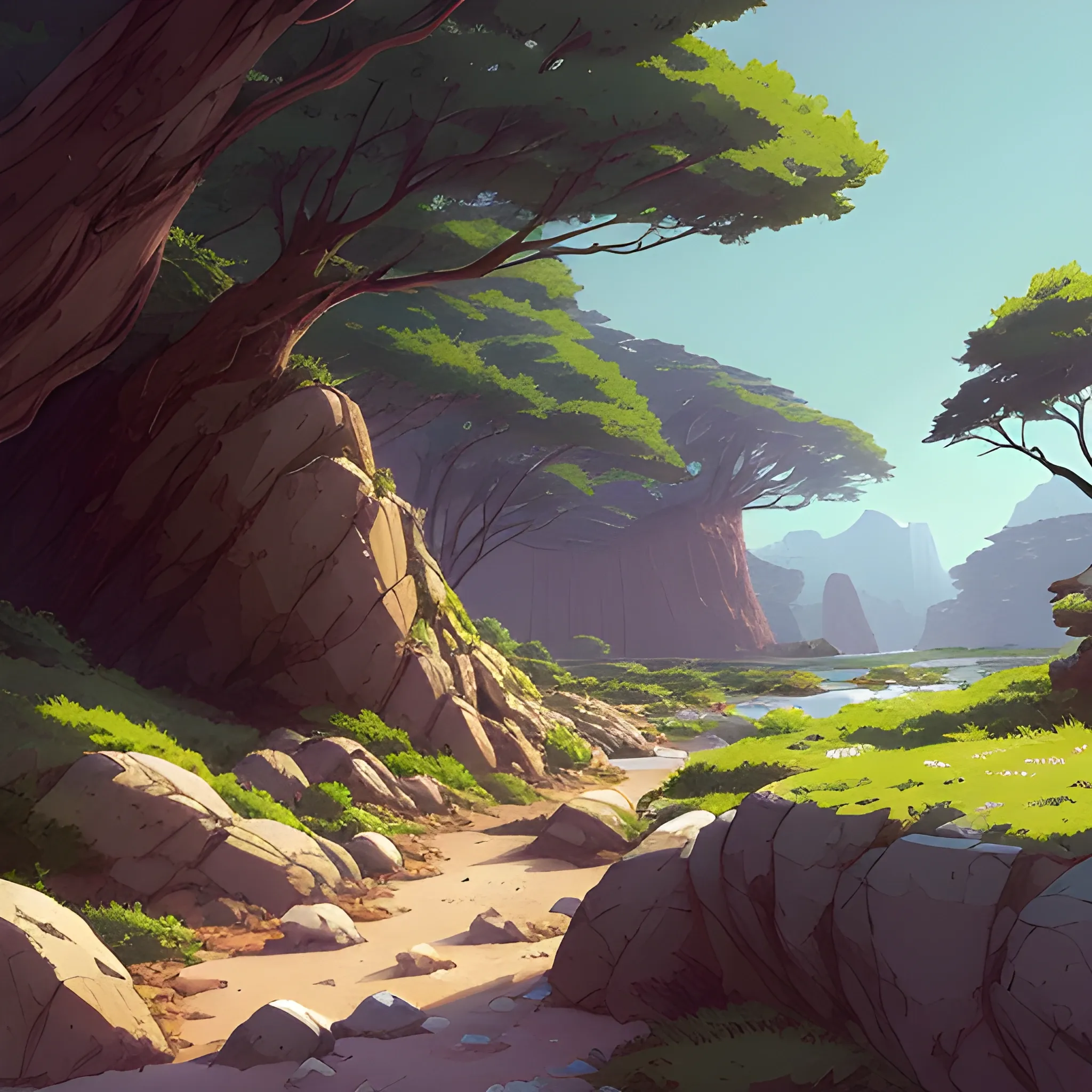 horizontal view with bush and rocks... in the style of makoto shinkai and greg rutkowski and albert bierstadt and james gurney, Cartoon