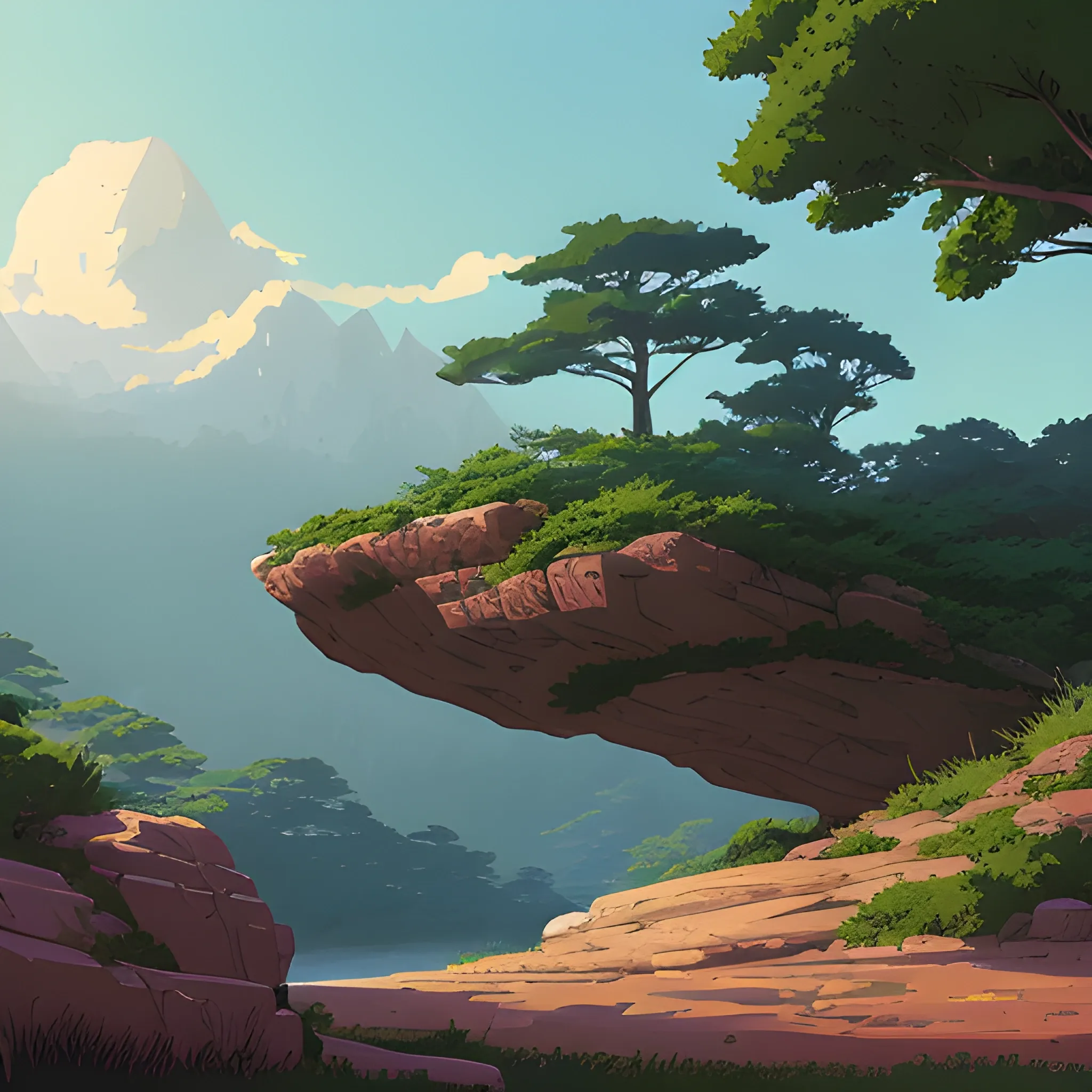 horizontal view with bush and rocks... in the style of makoto shinkai and greg rutkowski and albert bierstadt and james gurney, Cartoon