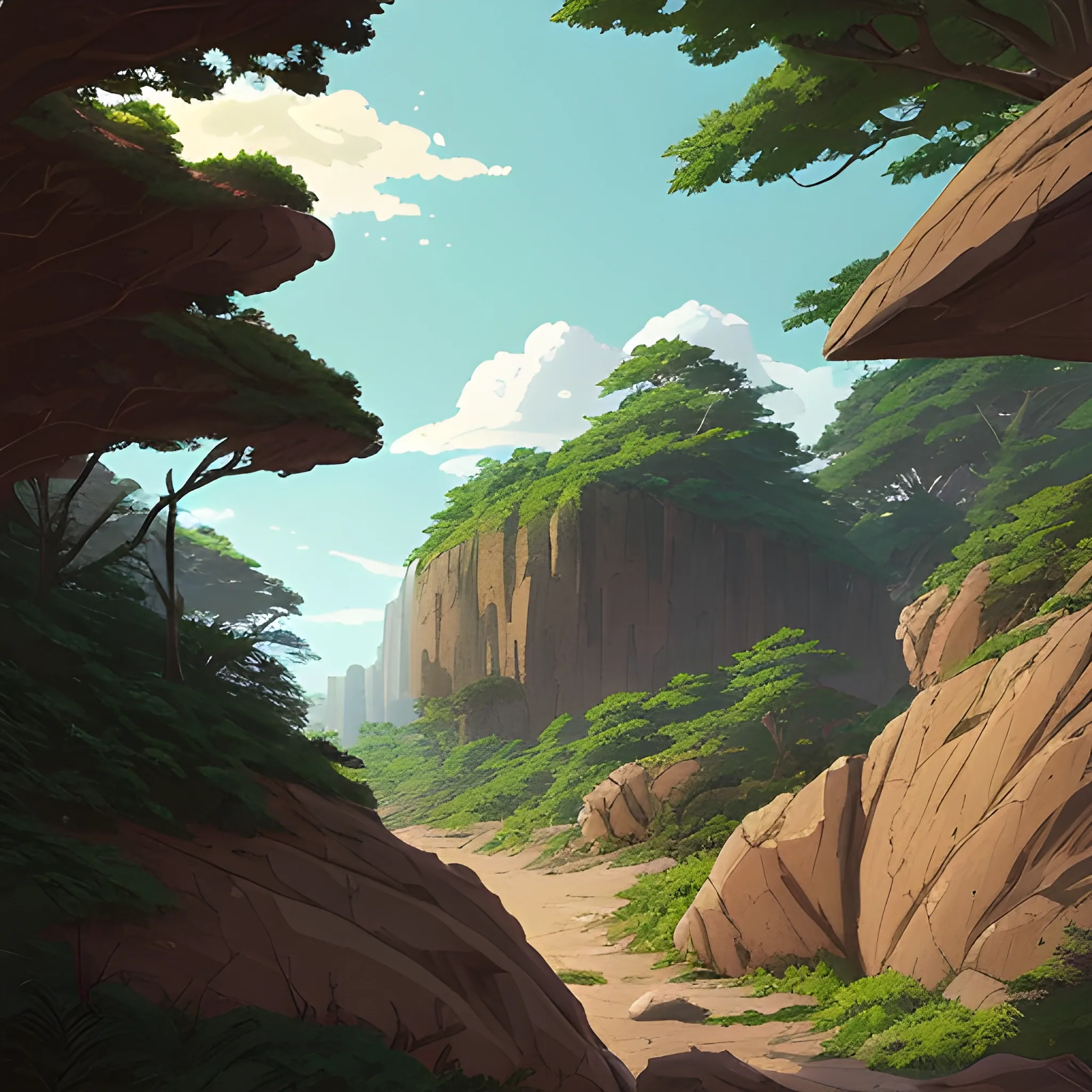 horizontal view with bush and rocks... in the style of makoto shinkai and greg rutkowski and albert bierstadt and james gurney, Cartoon