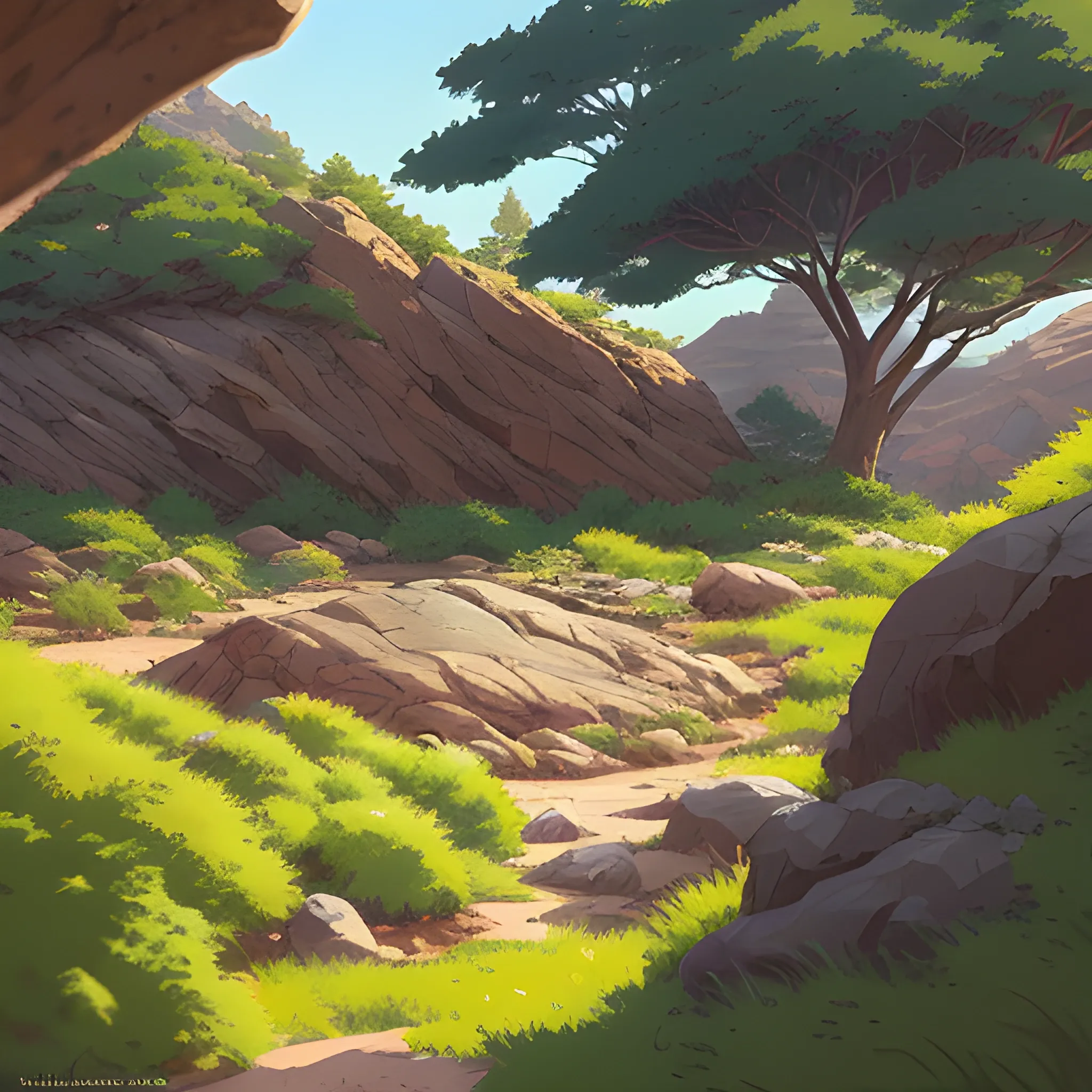 horizontal view with bush and rocks... in the style of makoto shinkai and greg rutkowski and albert bierstadt and james gurney, Cartoon