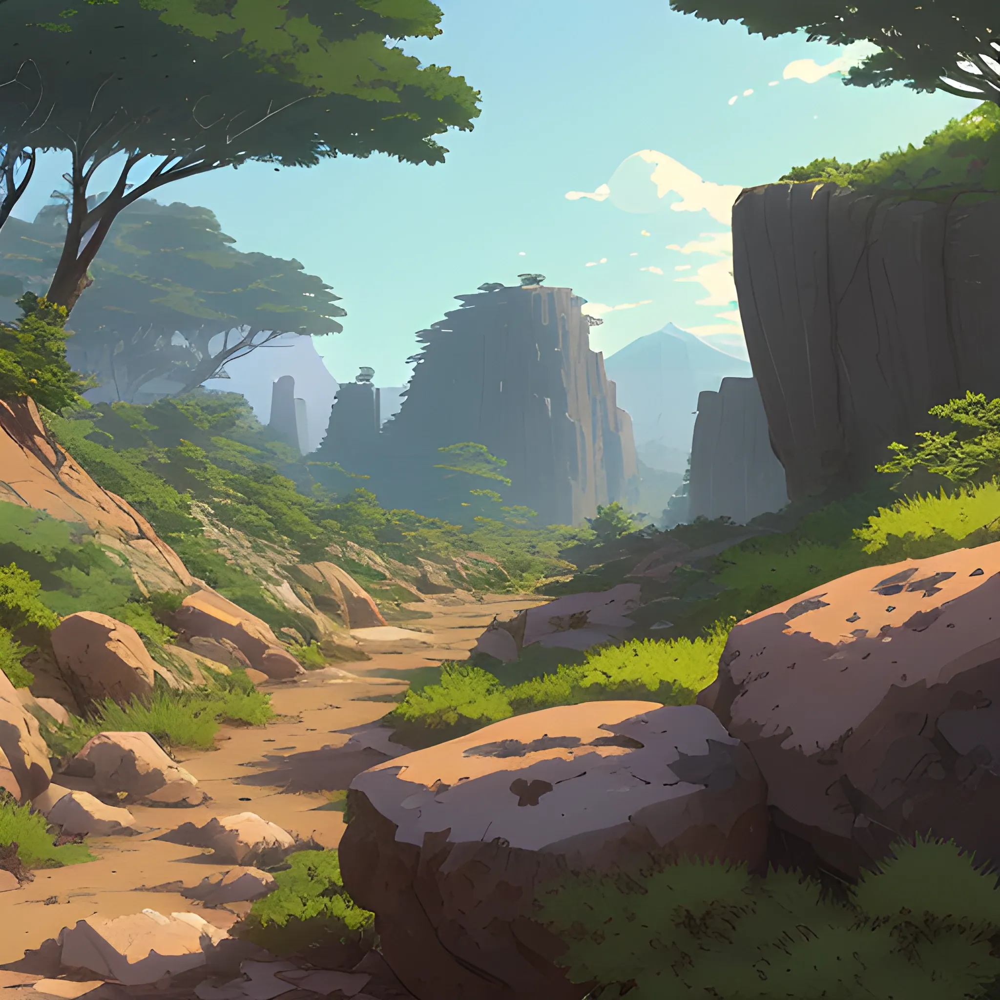 horizontal view with bush and rocks... in the style of makoto shinkai and greg rutkowski and albert bierstadt and james gurney, Cartoon