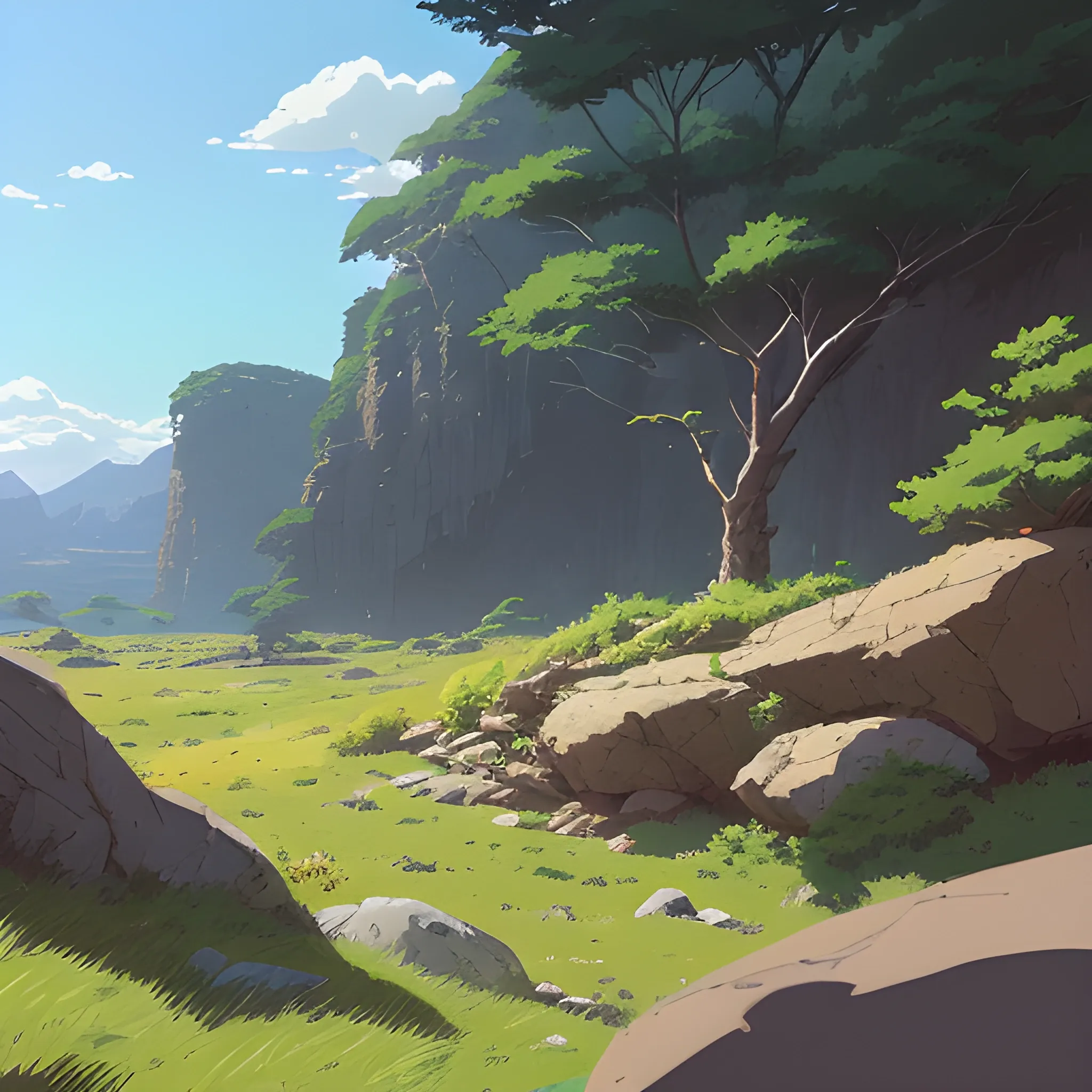 horizontal view with bush and rocks... in the style of makoto shinkai and greg rutkowski and albert bierstadt and james gurney, Cartoon