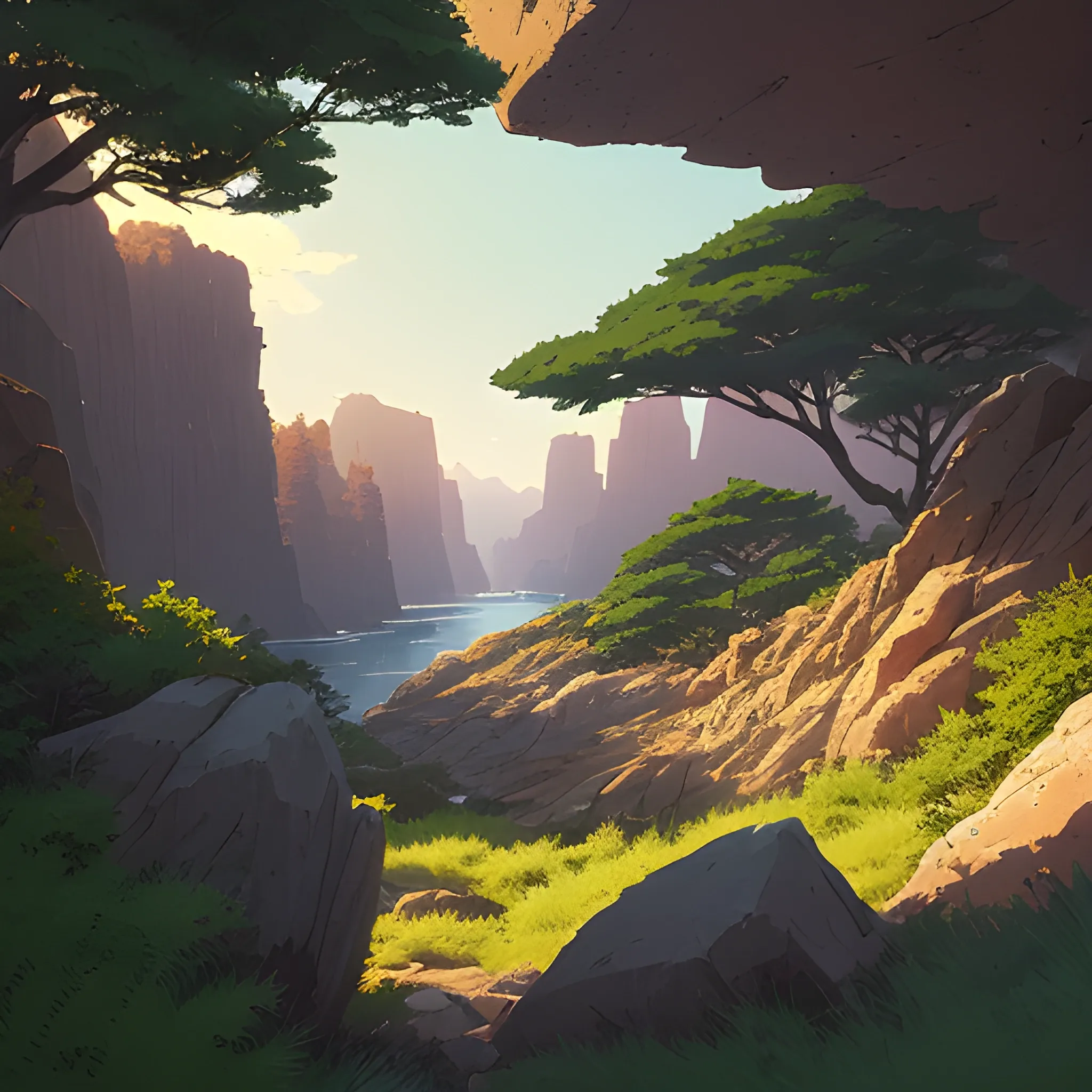 horizontal view with bush and rocks... in the style of makoto shinkai and greg rutkowski and albert bierstadt and james gurney, Cartoon