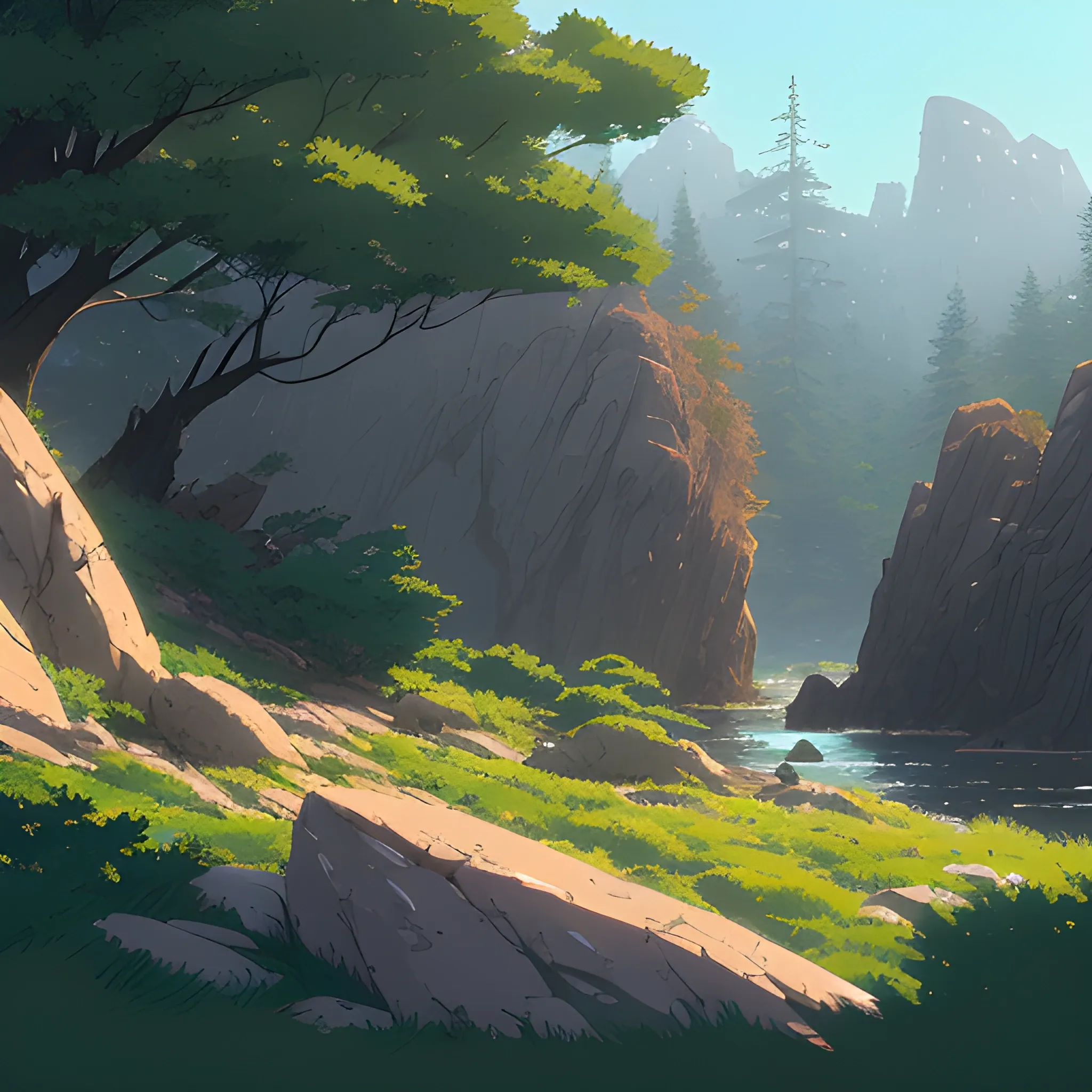 horizontal view with bush and rocks... in the style of makoto shinkai and greg rutkowski and albert bierstadt and james gurney, Cartoon