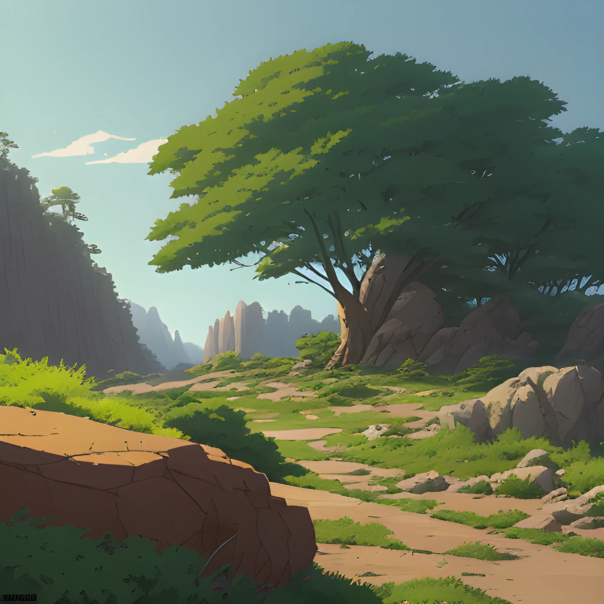 horizontal view with bush and rocks... in the style of makoto shinkai and greg rutkowski and albert bierstadt and james gurney, Cartoon