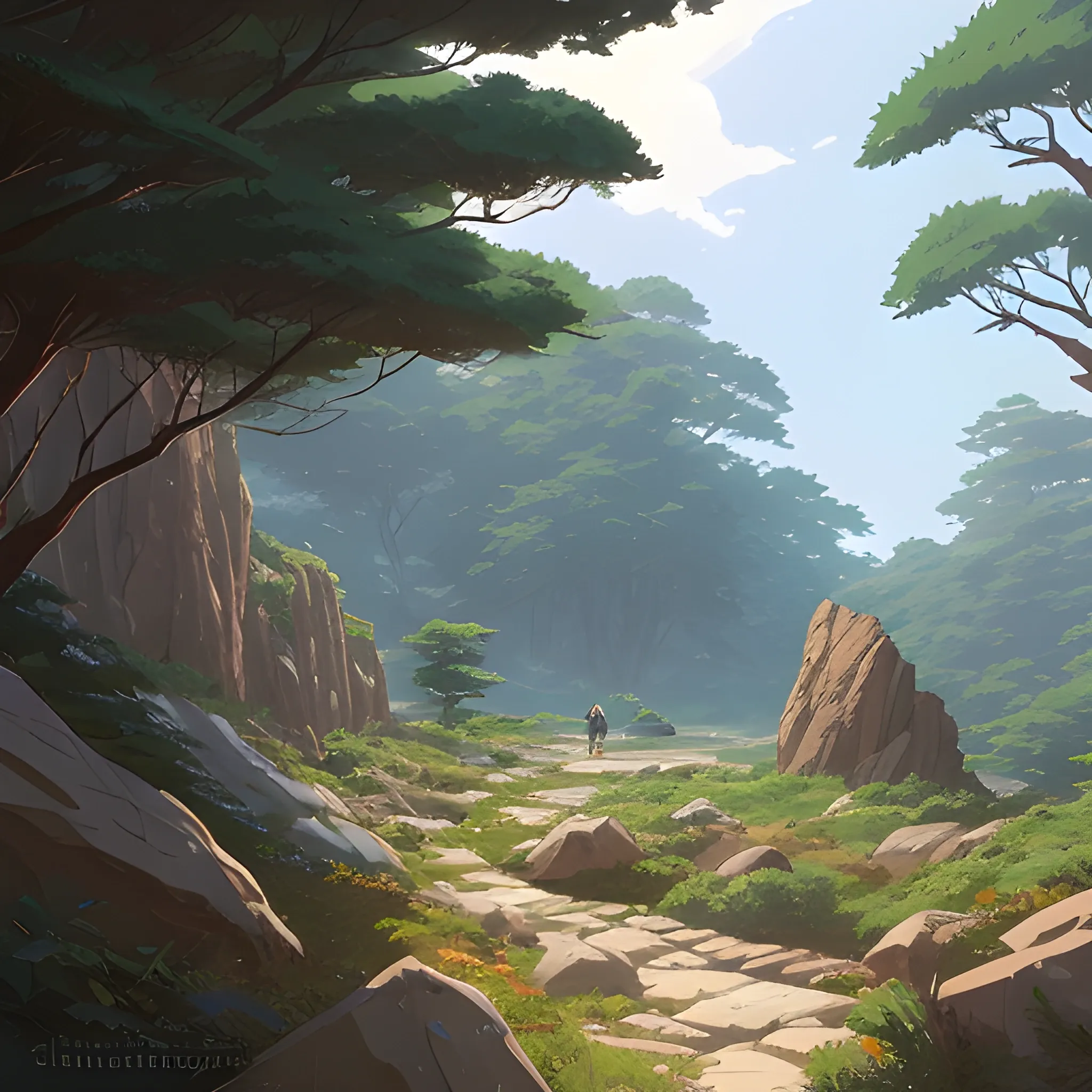 horizontal view with bush and rocks... in the style of makoto shinkai and greg rutkowski and albert bierstadt and james gurney, Cartoon