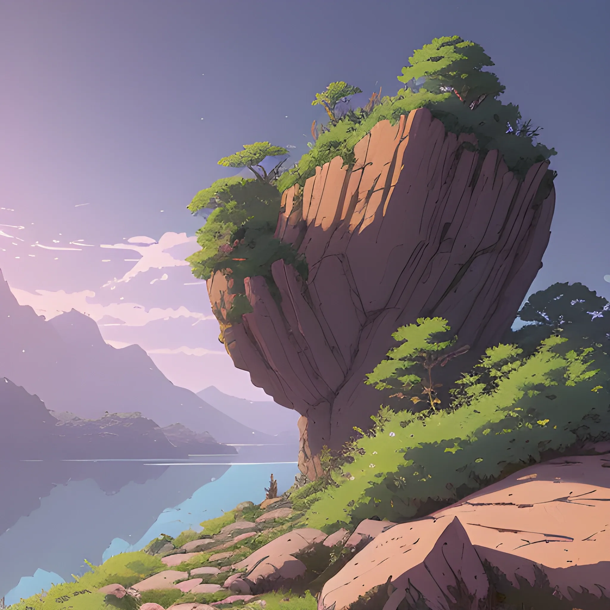 horizontal view with bush and rocks... in the style of makoto shinkai and greg rutkowski and albert bierstadt and james gurney, Cartoon