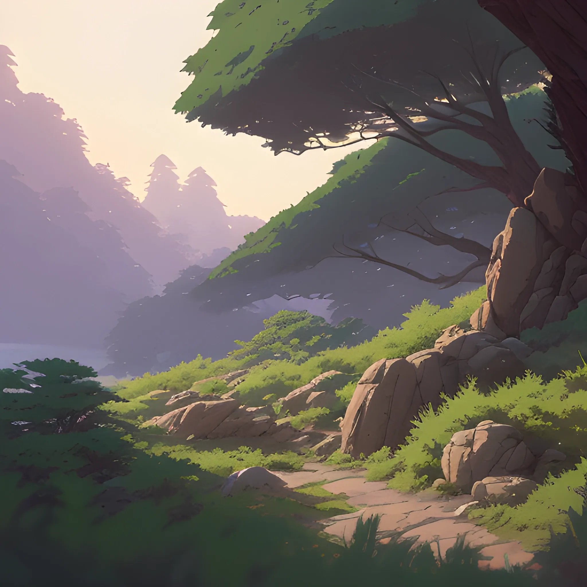 horizontal view with bush and rocks... in the style of makoto shinkai and greg rutkowski and albert bierstadt and james gurney, Cartoon