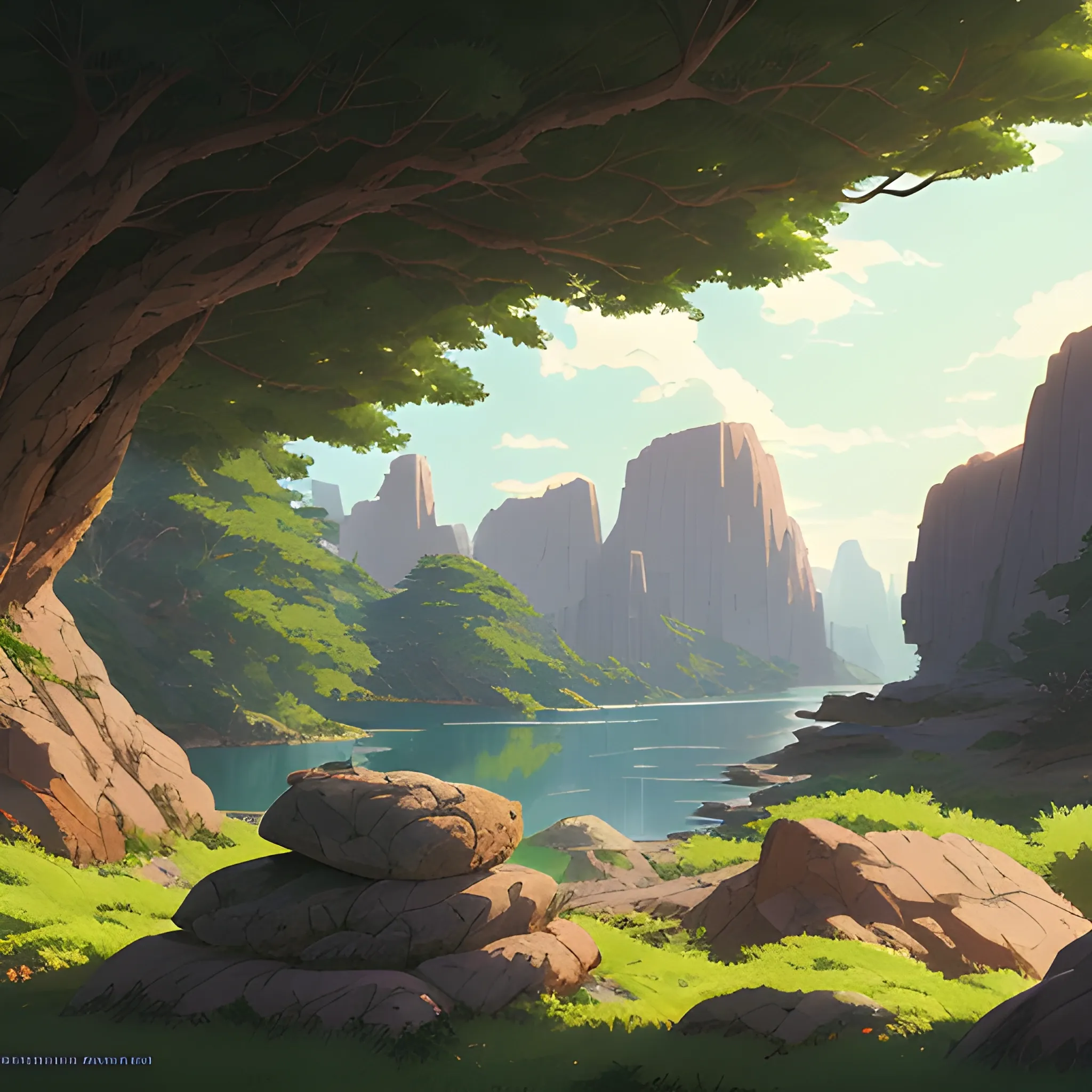 horizontal view with bush and rocks... in the style of makoto shinkai and greg rutkowski and albert bierstadt and james gurney, Cartoon