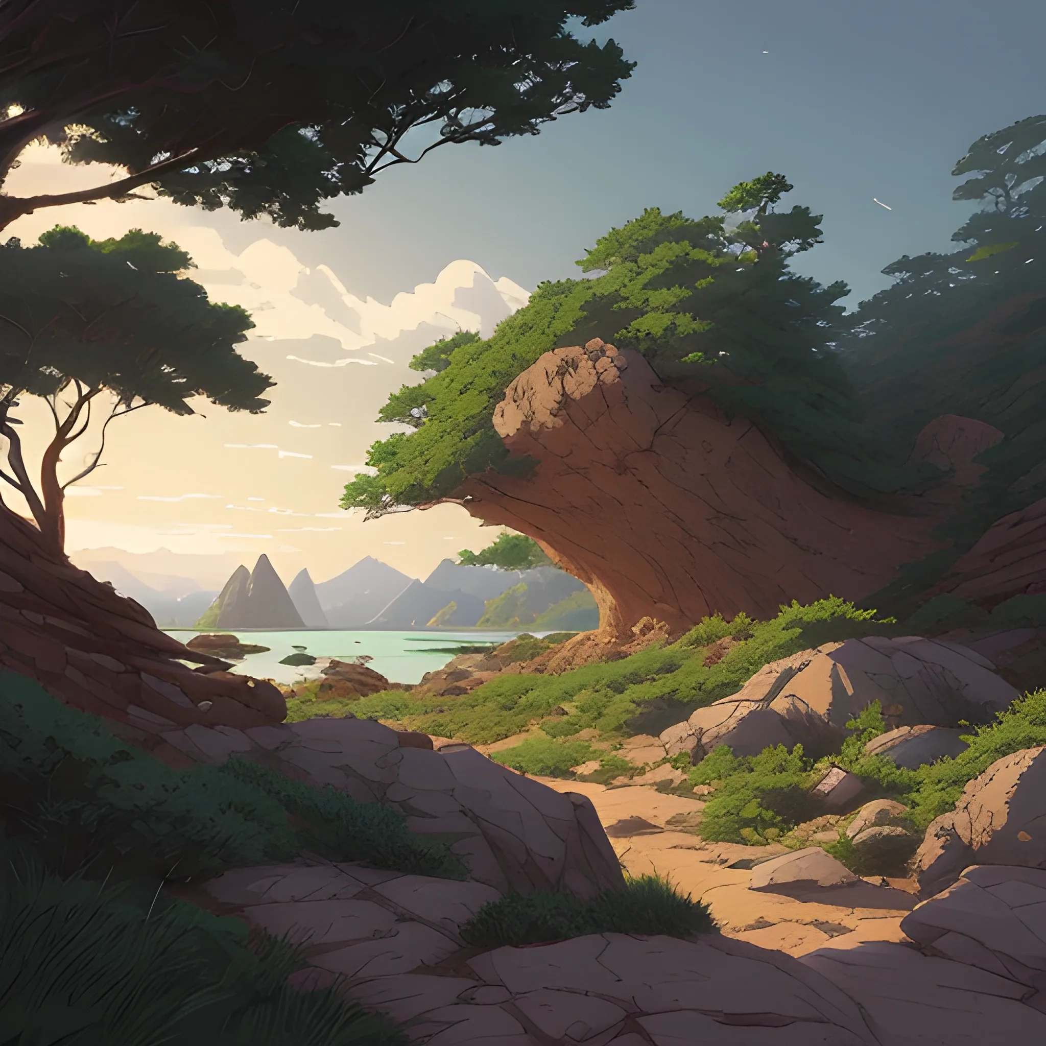 horizontal view with bush and rocks... in the style of makoto shinkai and greg rutkowski and albert bierstadt and james gurney, Cartoon