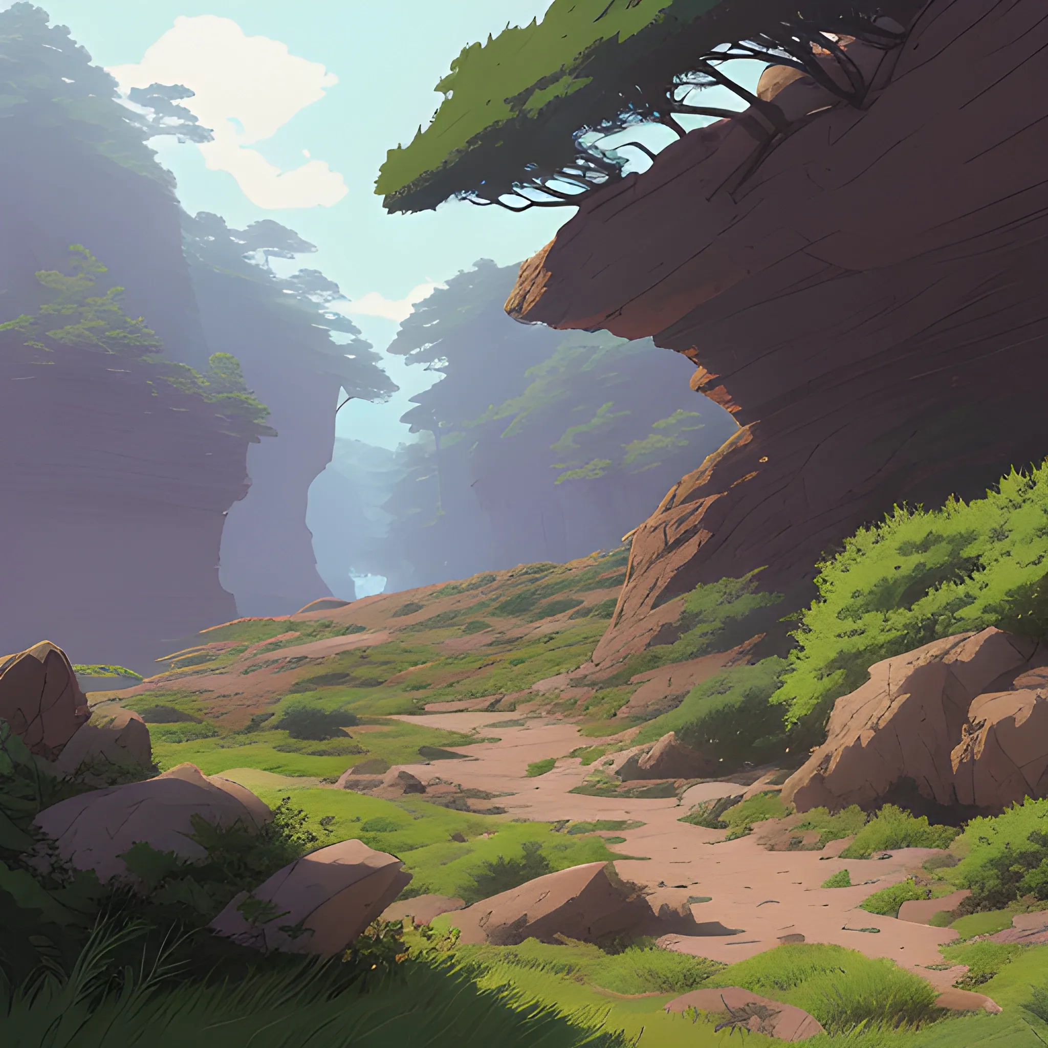 horizontal view with bush and rocks... in the style of makoto shinkai and greg rutkowski and albert bierstadt and james gurney, Cartoon