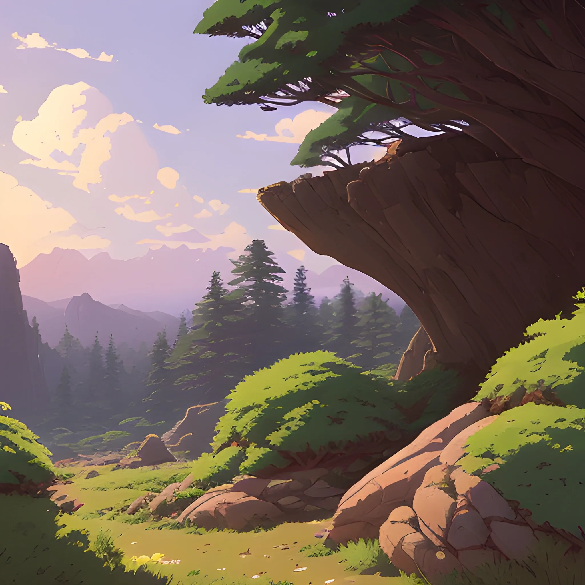 horizontal view with bush and rocks... in the style of makoto shinkai and greg rutkowski and albert bierstadt and james gurney, Cartoon