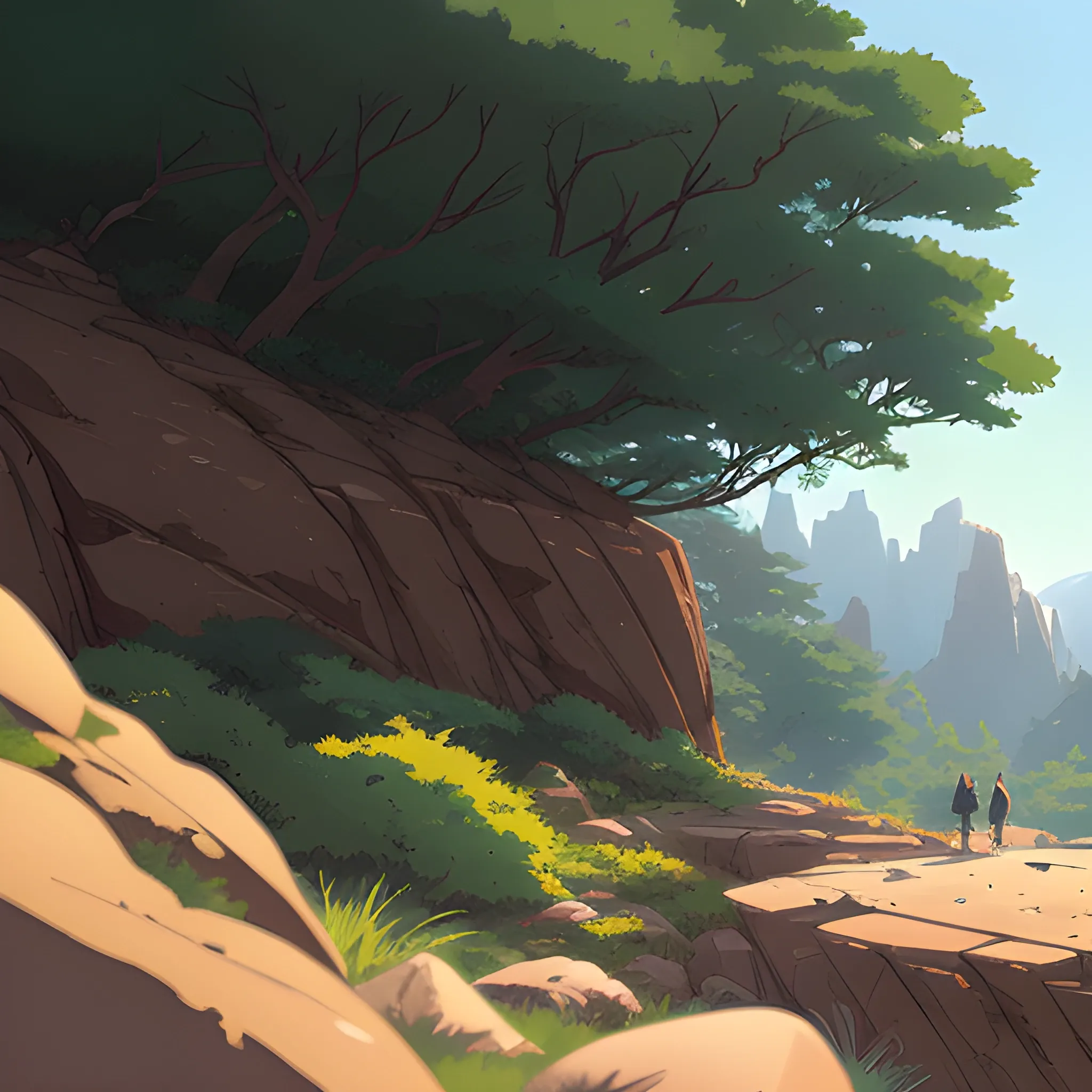 horizontal view with bush and rocks... in the style of makoto shinkai and greg rutkowski and albert bierstadt and james gurney, Cartoon