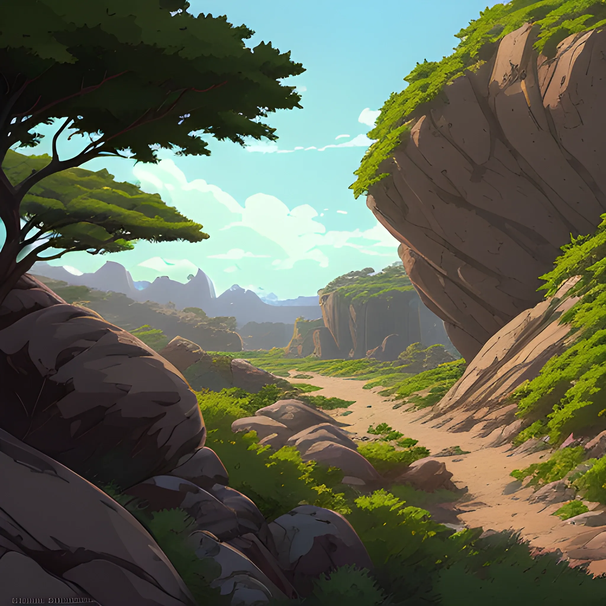 horizontal view with bush and rocks... in the style of makoto shinkai and greg rutkowski and albert bierstadt and james gurney, Cartoon