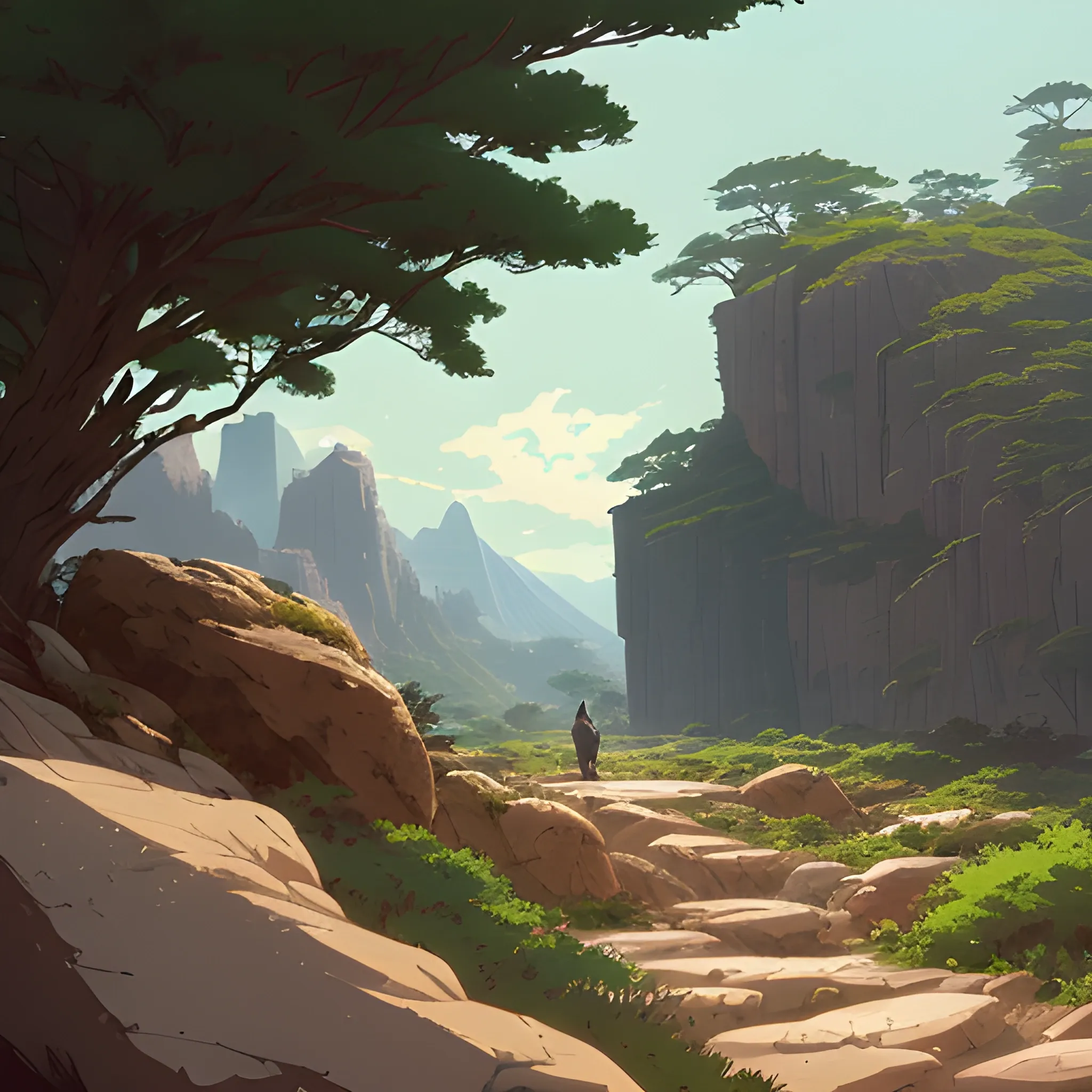 horizontal view with bush and rocks... in the style of makoto shinkai and greg rutkowski and albert bierstadt and james gurney, Cartoon