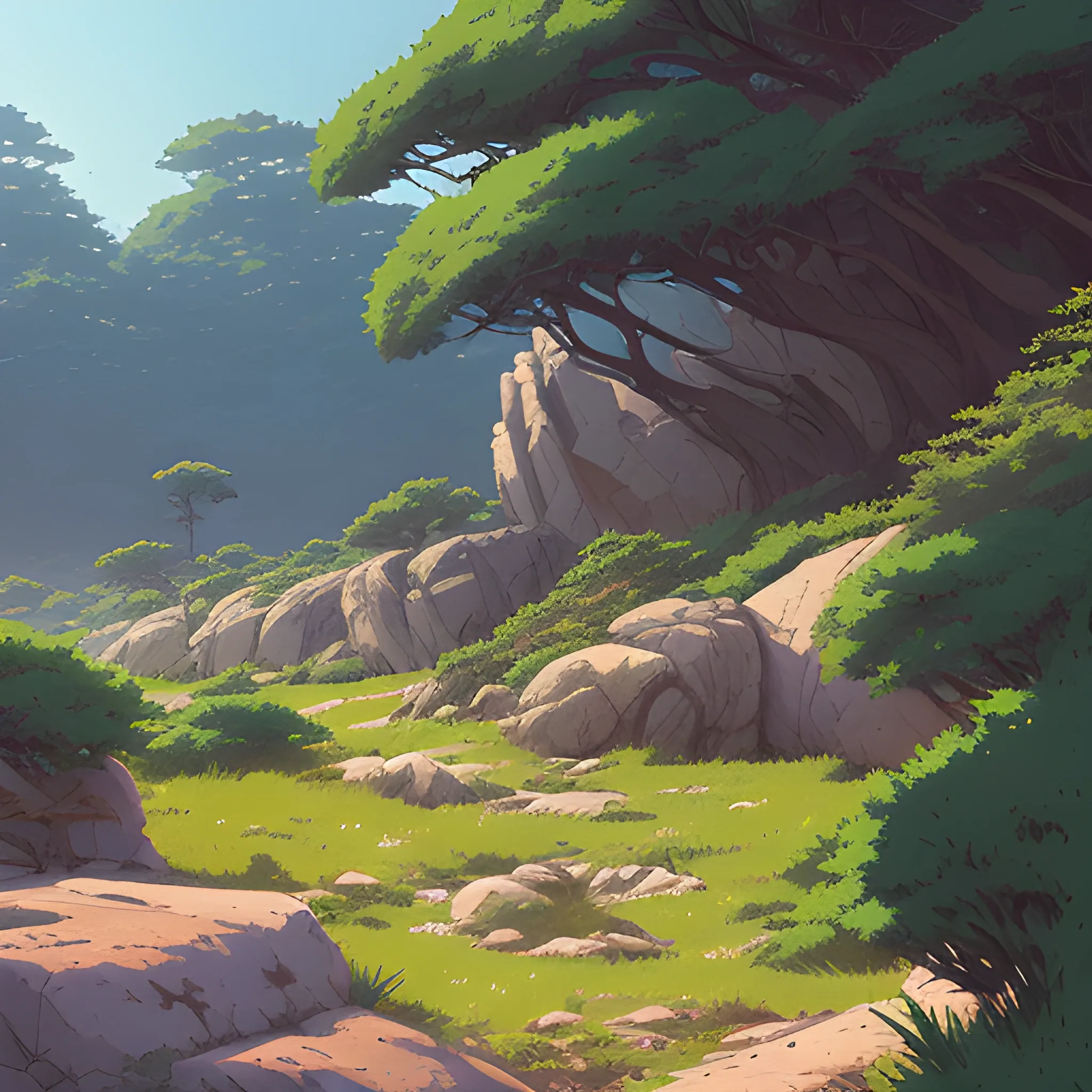 horizontal view with bush and rocks... in the style of makoto shinkai and greg rutkowski and albert bierstadt and james gurney, Cartoon