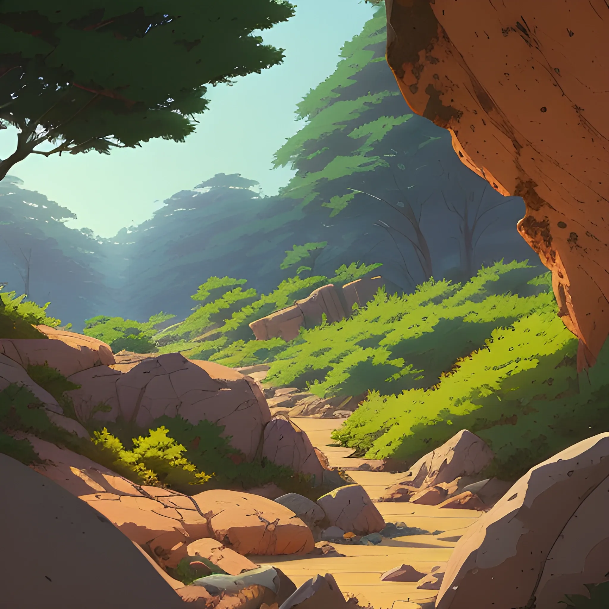 horizontal view with bush and rocks... in the style of makoto shinkai and greg rutkowski and albert bierstadt and james gurney, Cartoon