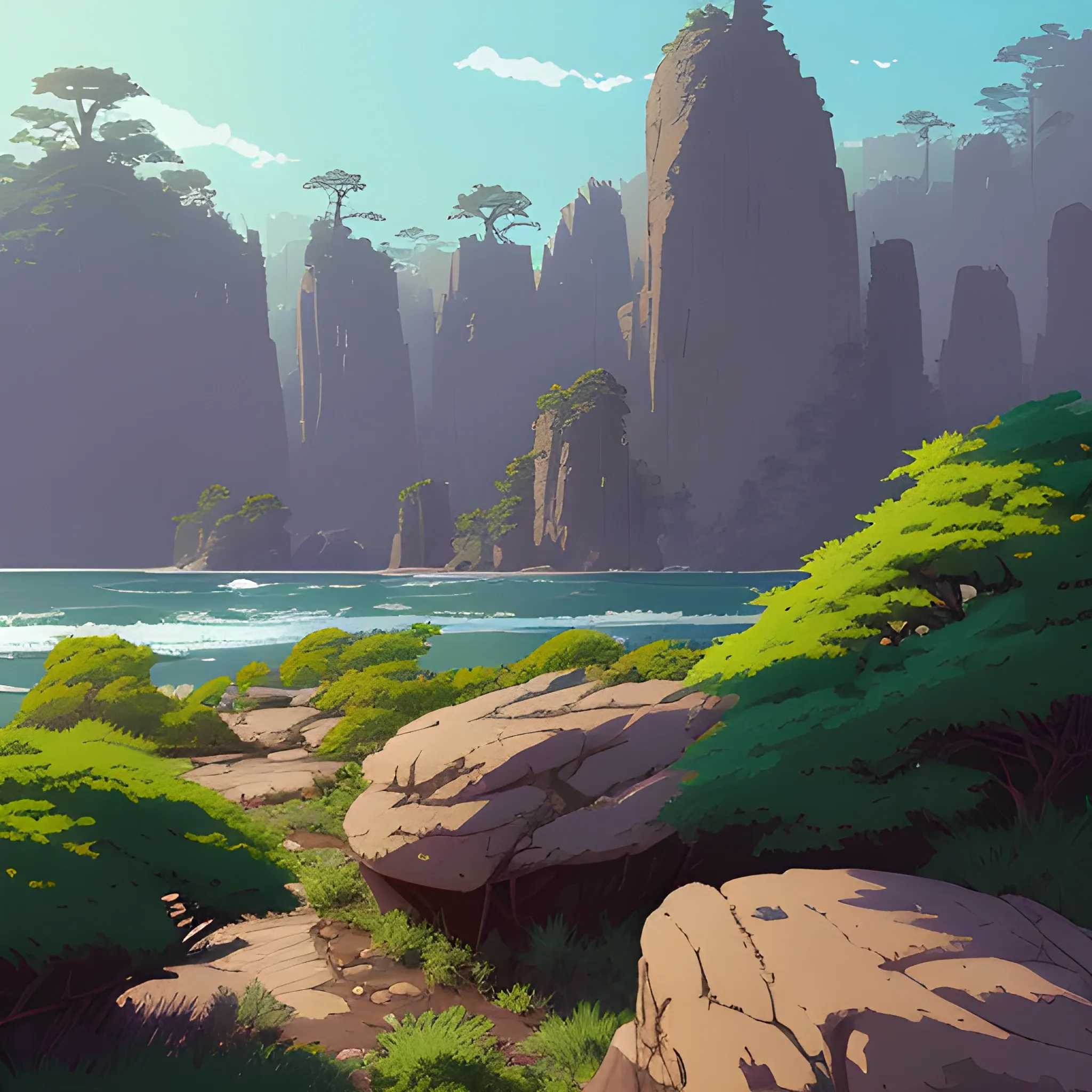 horizontal view with bush and rocks... in the style of makoto shinkai and greg rutkowski and albert bierstadt and james gurney, Cartoon