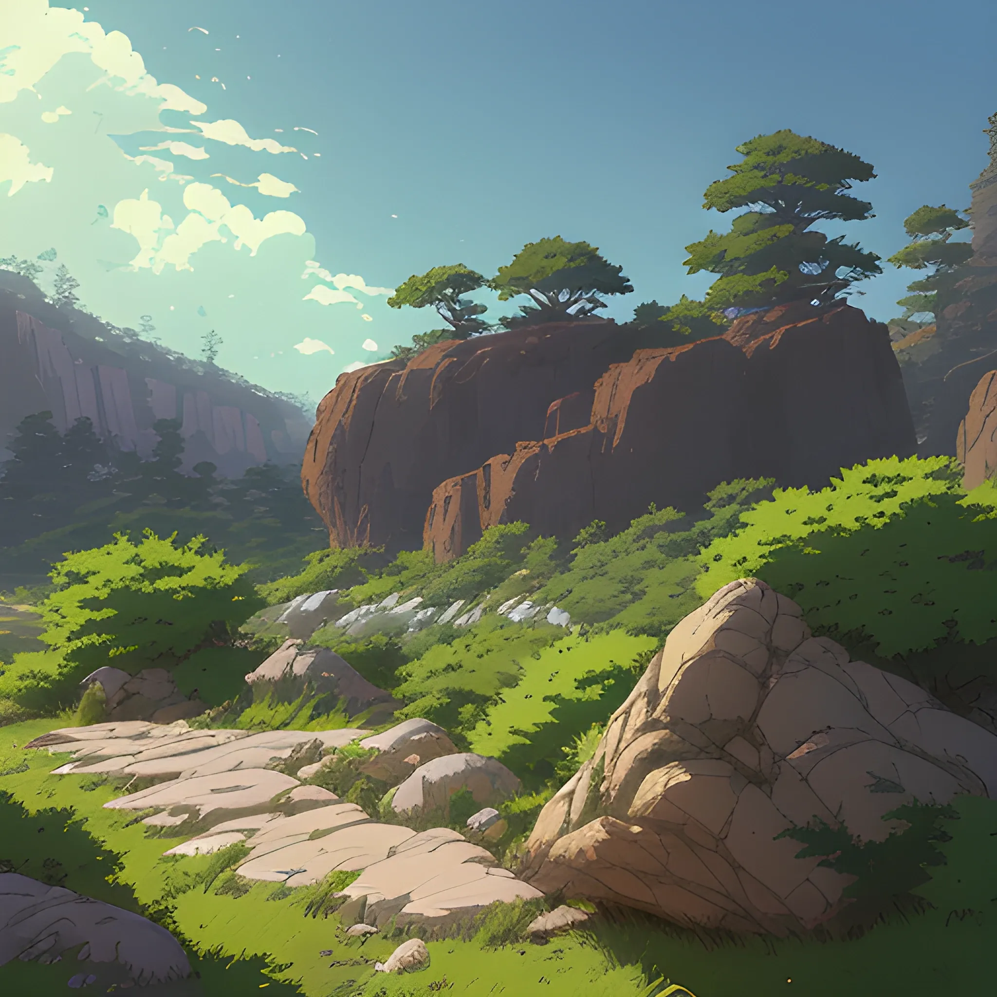 horizontal view with bush and rocks... in the style of makoto shinkai and greg rutkowski and albert bierstadt and james gurney, Cartoon