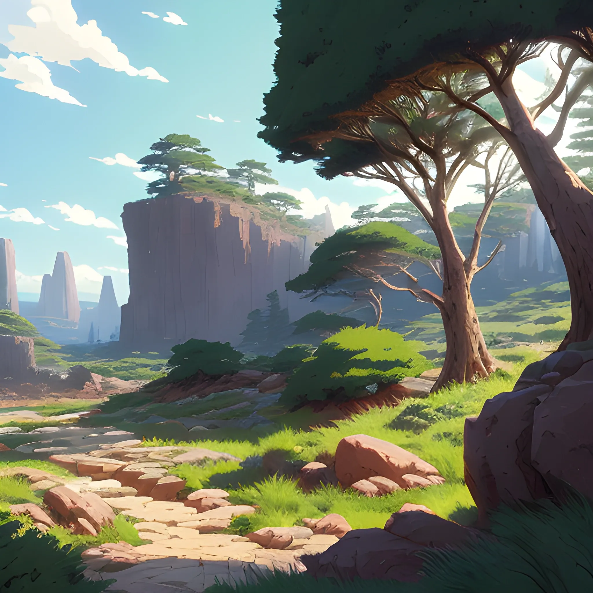 horizontal view with bush and rocks... in the style of makoto shinkai and greg rutkowski and albert bierstadt and james gurney, Cartoon