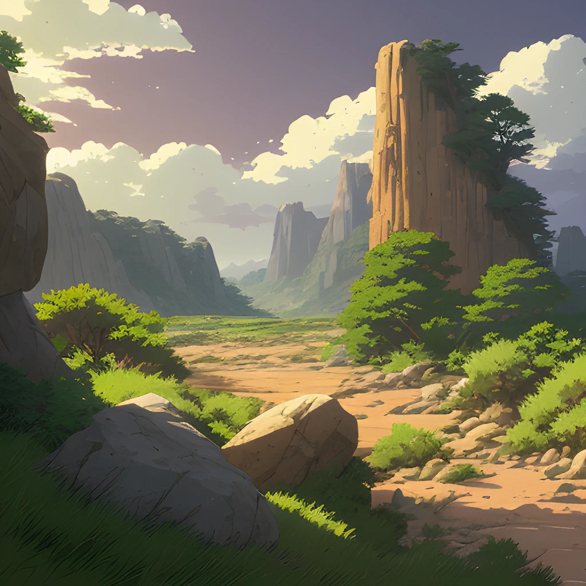 horizontal view with bush and rocks... in the style of makoto shinkai and greg rutkowski and albert bierstadt and james gurney, Cartoon