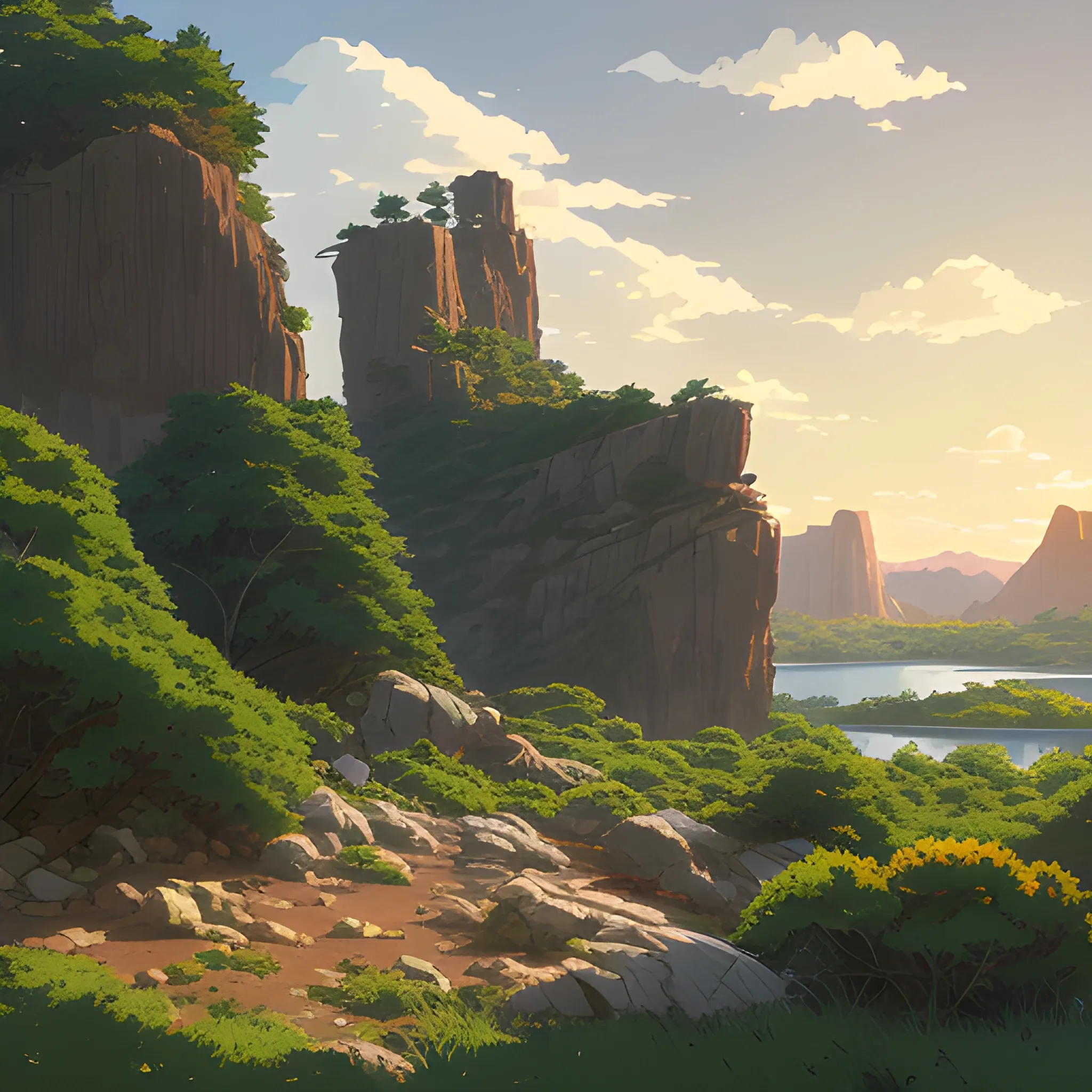 horizontal view with bush and rocks... in the style of makoto shinkai and greg rutkowski and albert bierstadt and james gurney, Cartoon