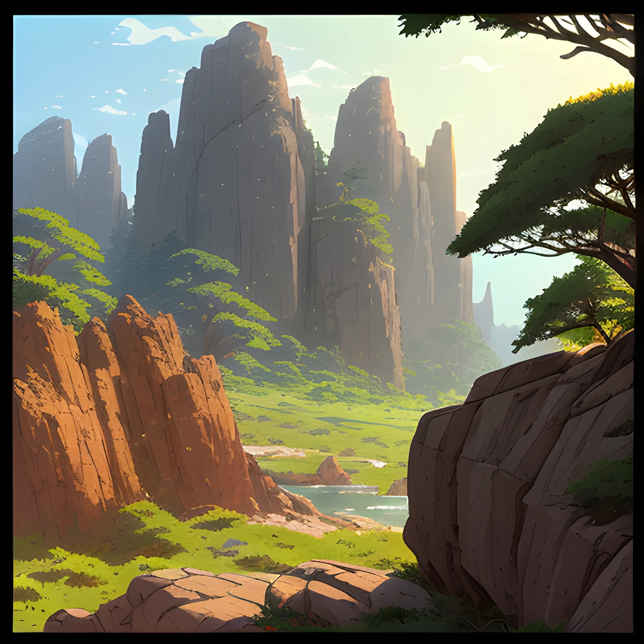 horizontal view with bush and rocks... in the style of makoto shinkai and greg rutkowski and albert bierstadt and james gurney, Cartoon