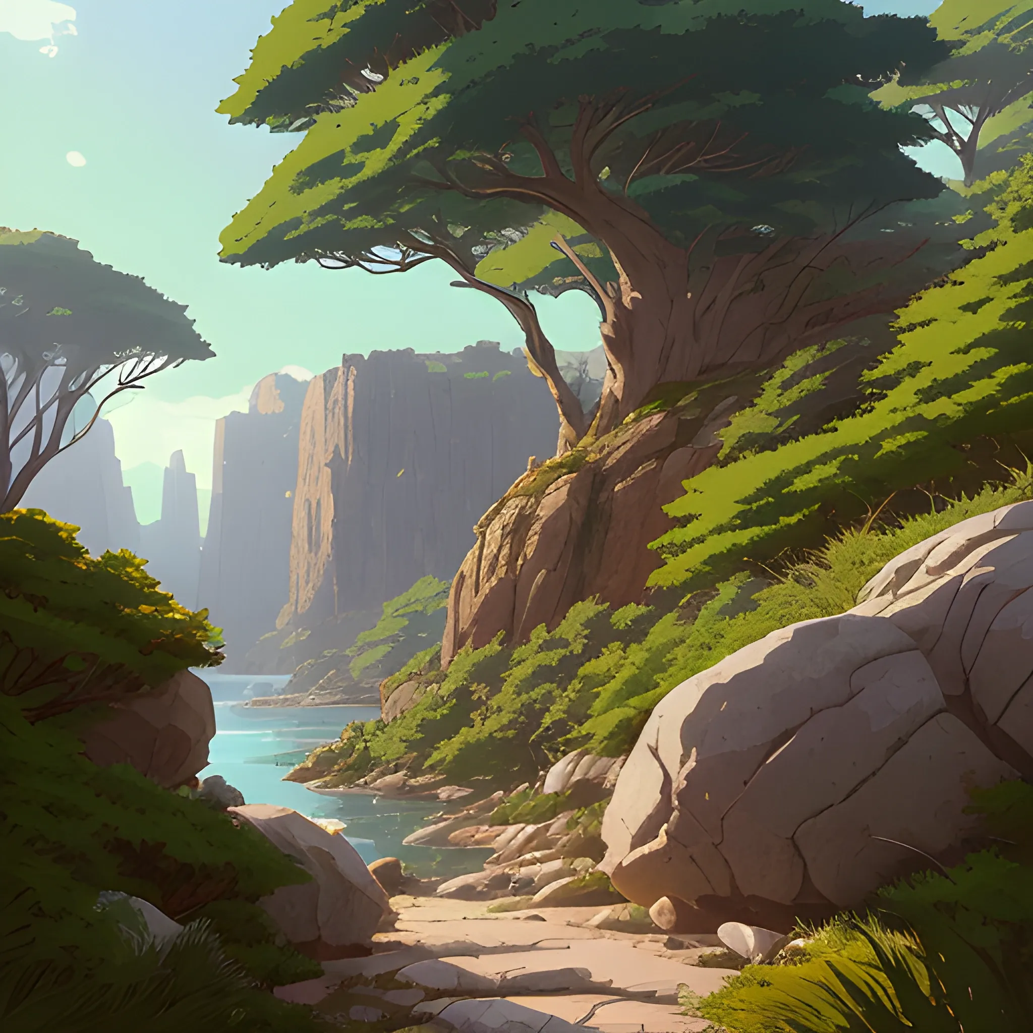 horizontal view with bush and rocks... in the style of makoto shinkai and greg rutkowski and albert bierstadt and james gurney, Cartoon