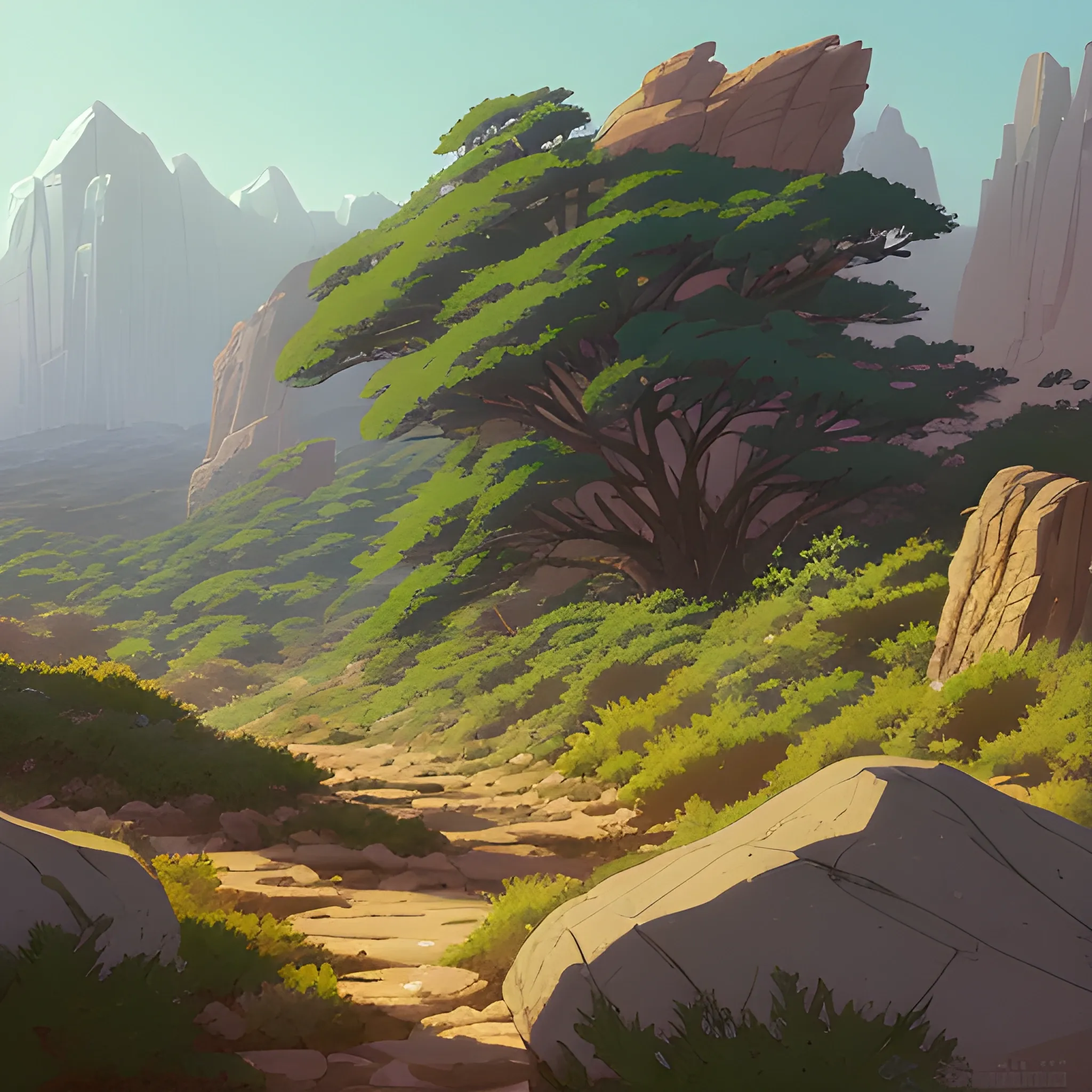 horizontal view with bush and rocks... in the style of makoto shinkai and greg rutkowski and albert bierstadt and james gurney, Cartoon