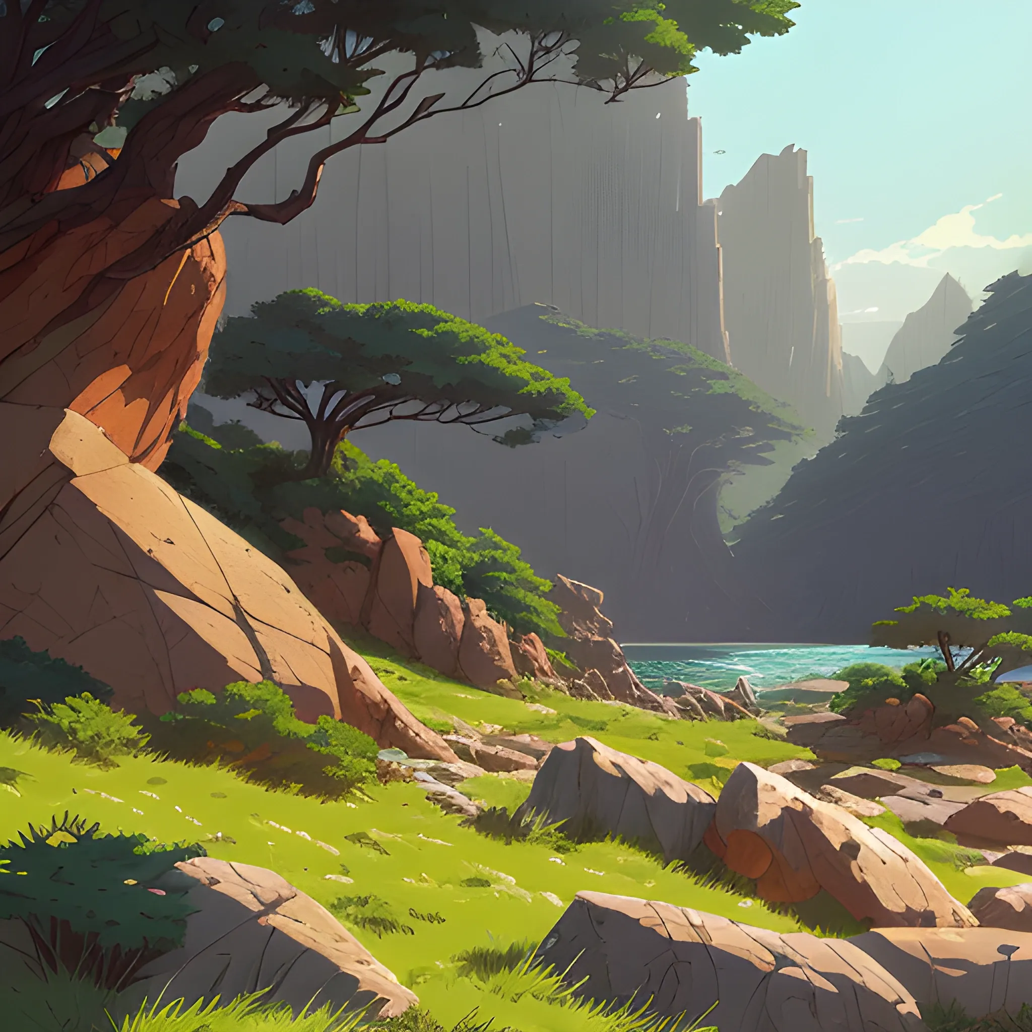 horizontal view with bush and rocks... in the style of makoto shinkai and greg rutkowski and albert bierstadt and james gurney, Cartoon