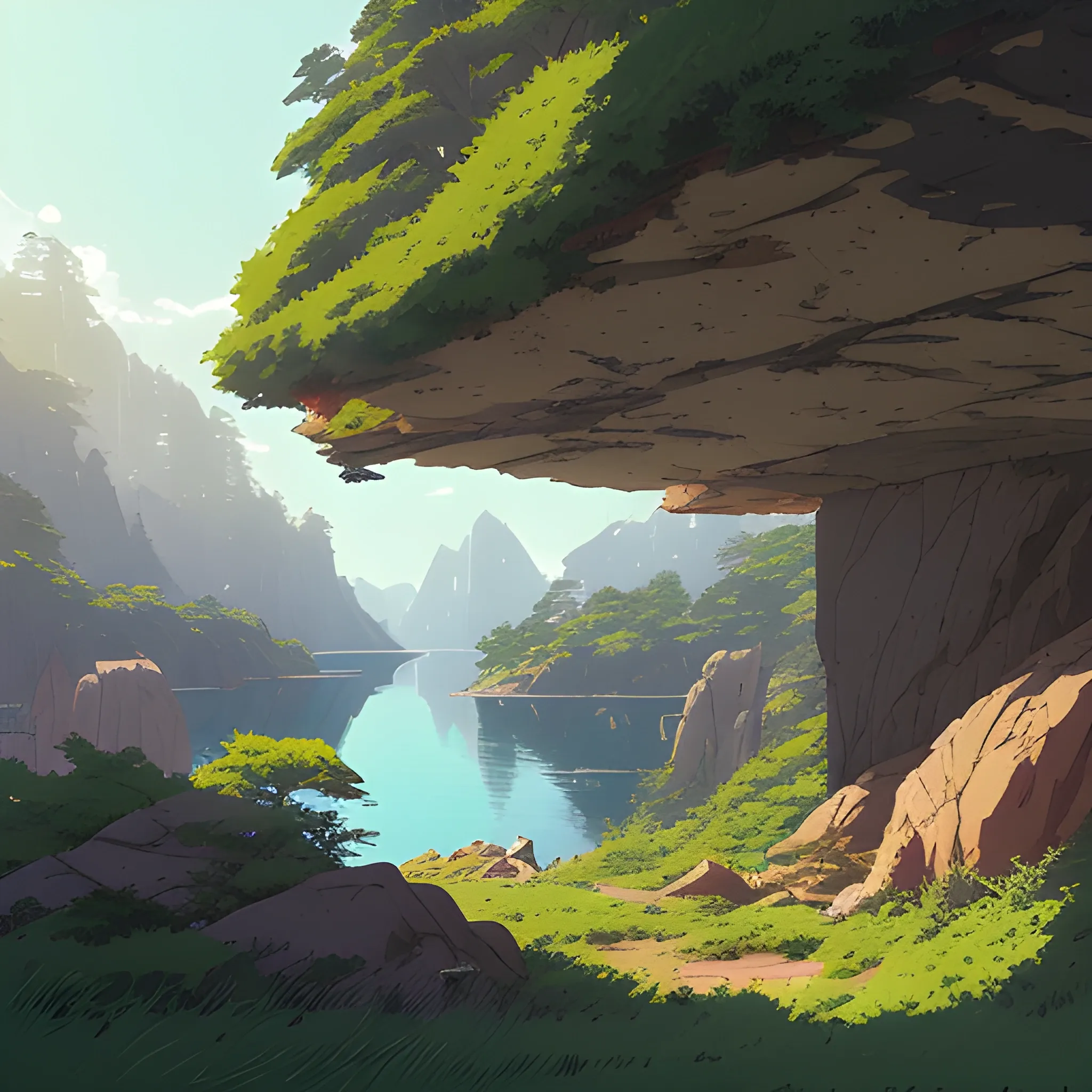 horizontal view with bush and rocks... in the style of makoto shinkai and greg rutkowski and albert bierstadt and james gurney, Cartoon