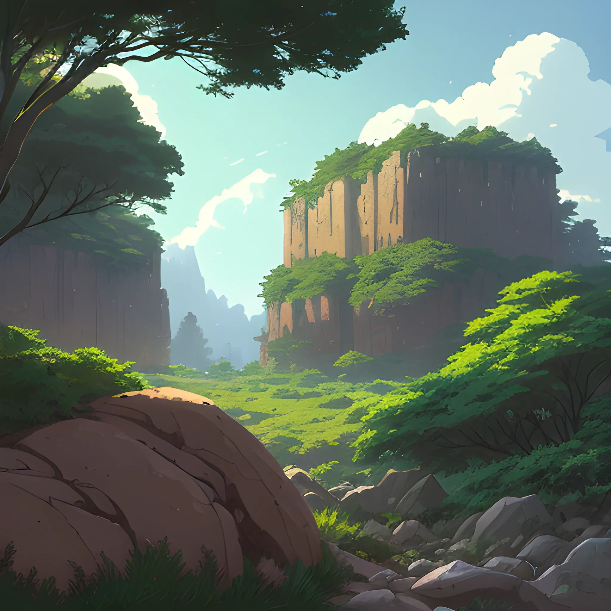 horizontal view with bush and rocks... in the style of makoto shinkai and greg rutkowski and albert bierstadt and james gurney, Cartoon