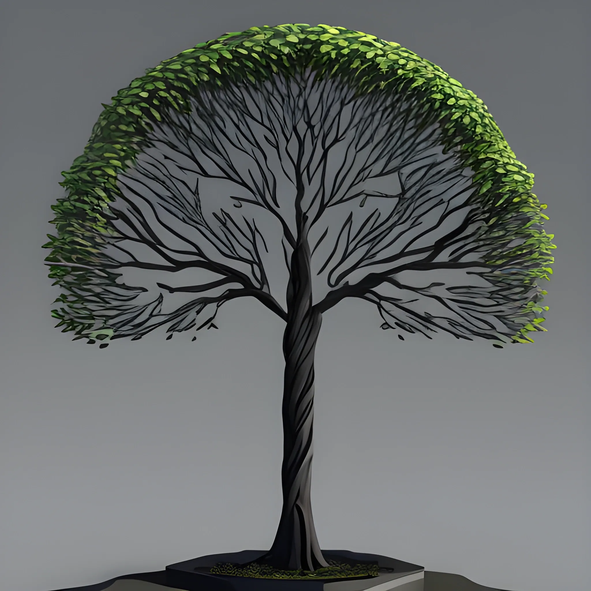 , 3D black wisdom tree with falling leaves perfectly  rounded 
