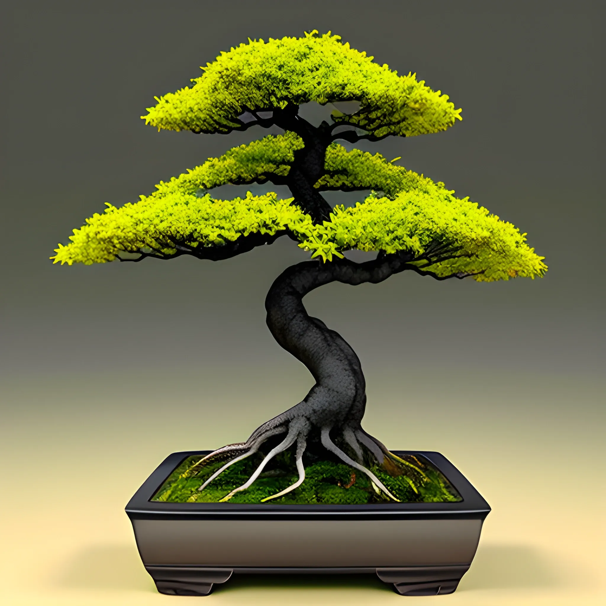 , 3D black wisdom bonsai tree with dark green and dark yellow floating falling leaves  
