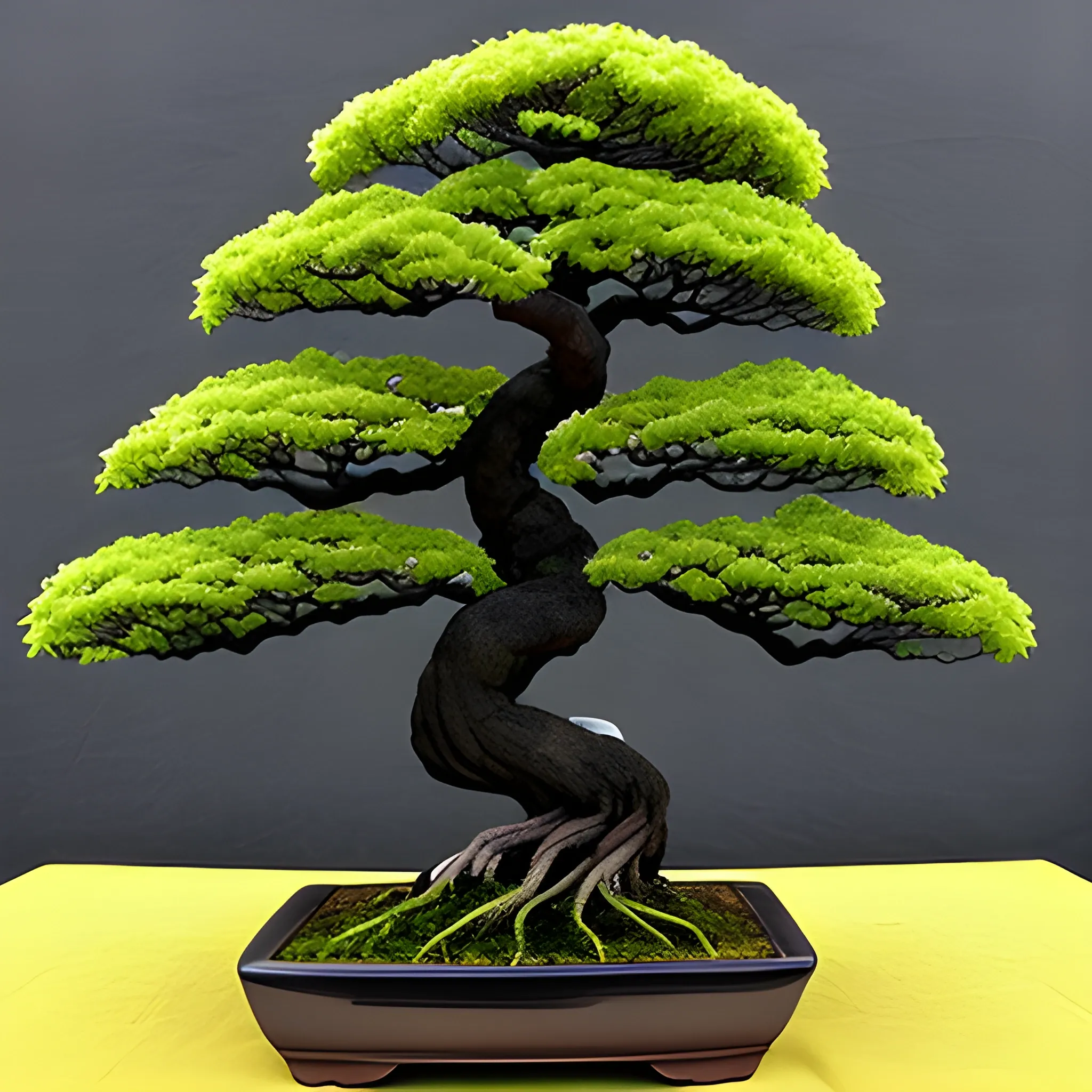 , Trippy black wisdom bonsai tree with dark green and dark yellow floating falling leaves  
