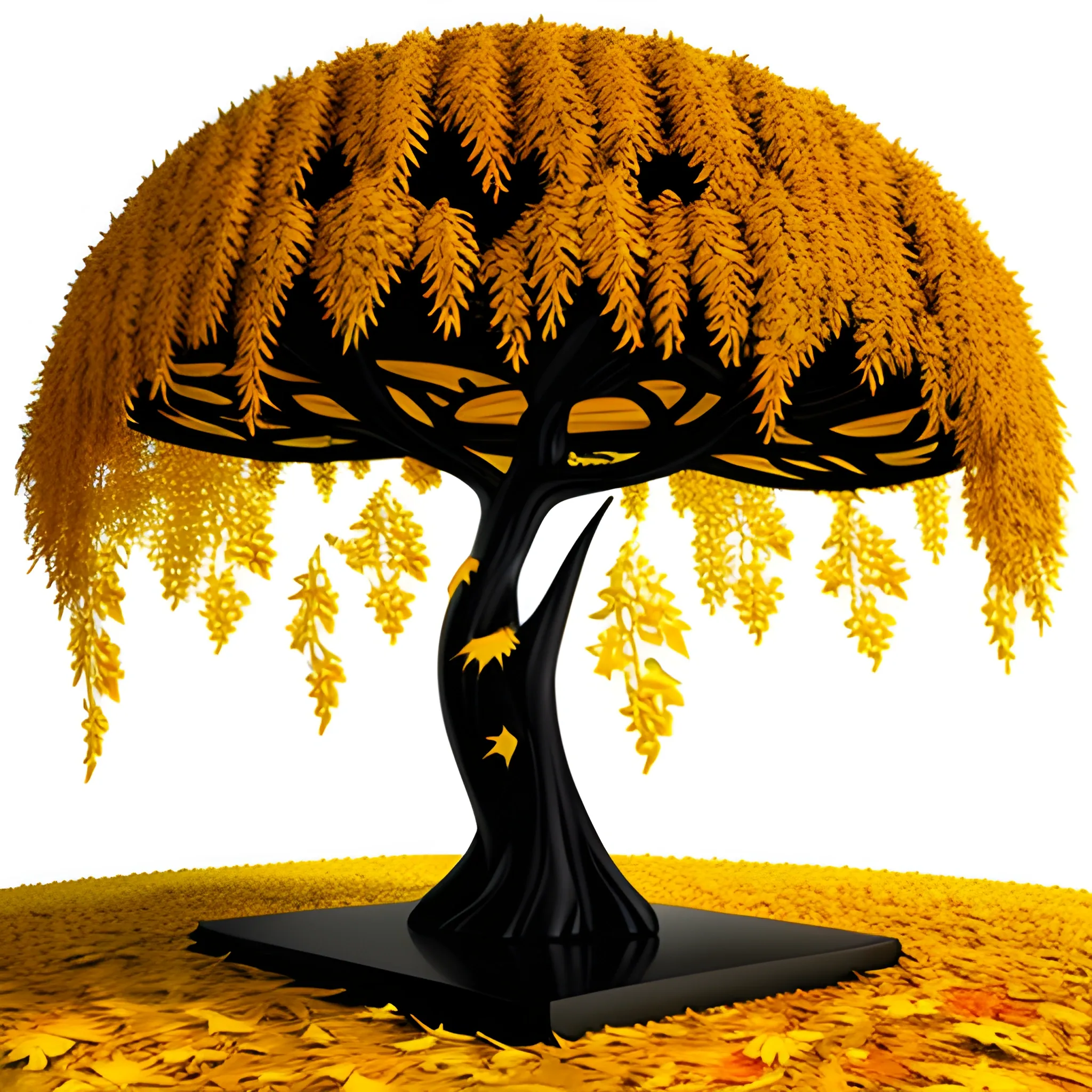 , Trippy, Cartoon, 3D small black tree with falling golden yellow leaves