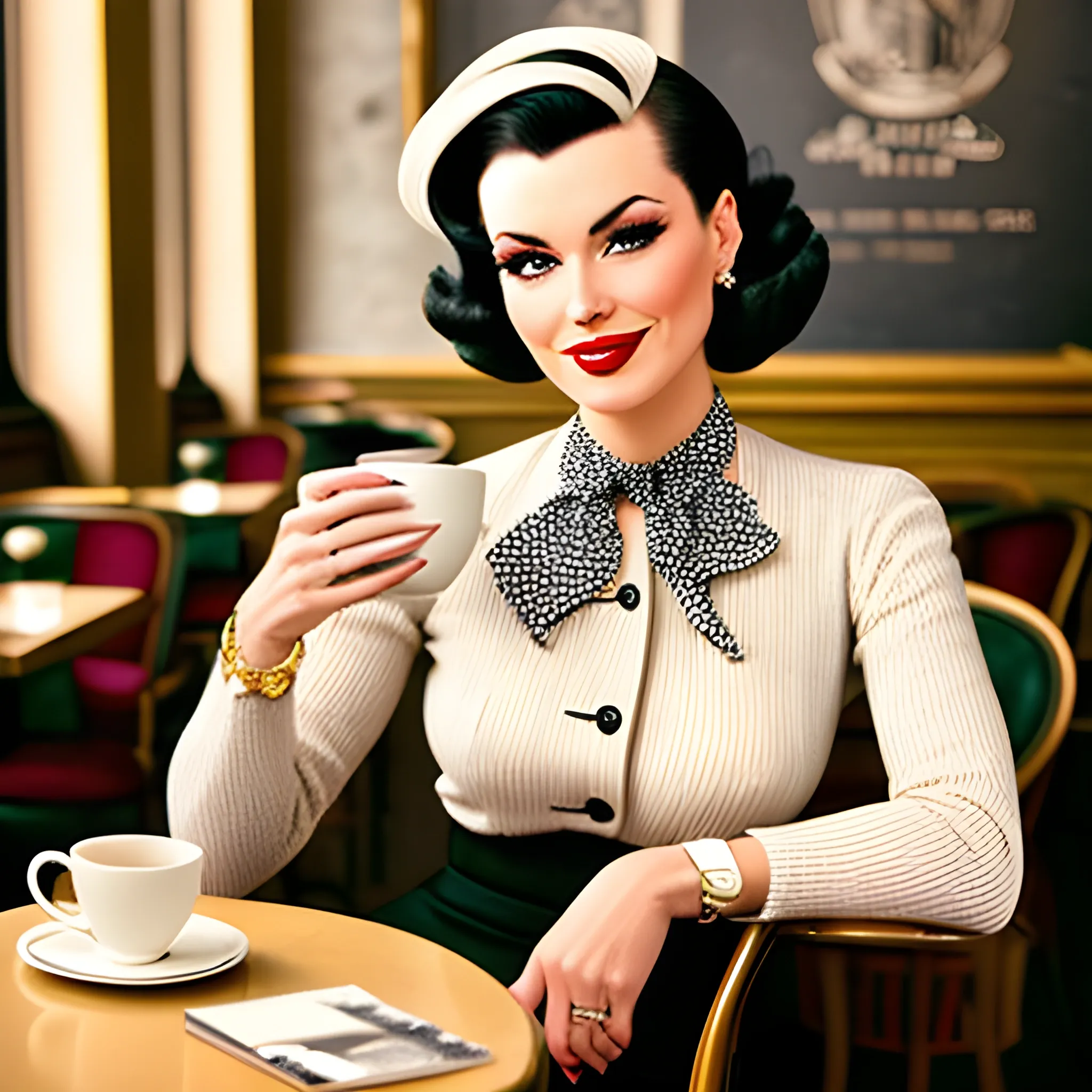 A fashionista girl in a vintage Parisian cafe, sipping coffee and reading a magazine, wearing a chic 1950s outfit.