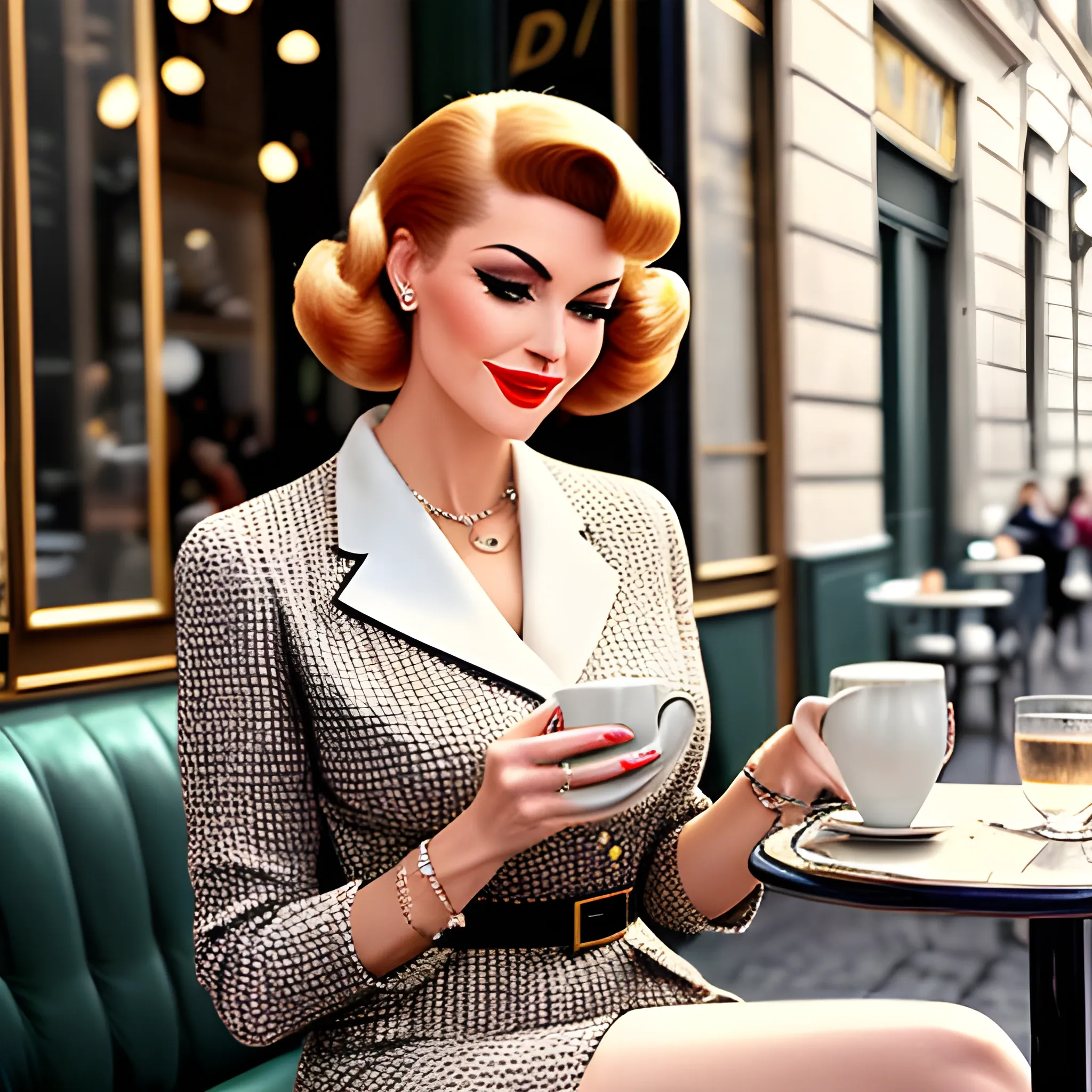 A fashionista girl in a vintage Parisian cafe, sipping coffee and reading a magazine, wearing a chic 1950s outfit, realistic human.