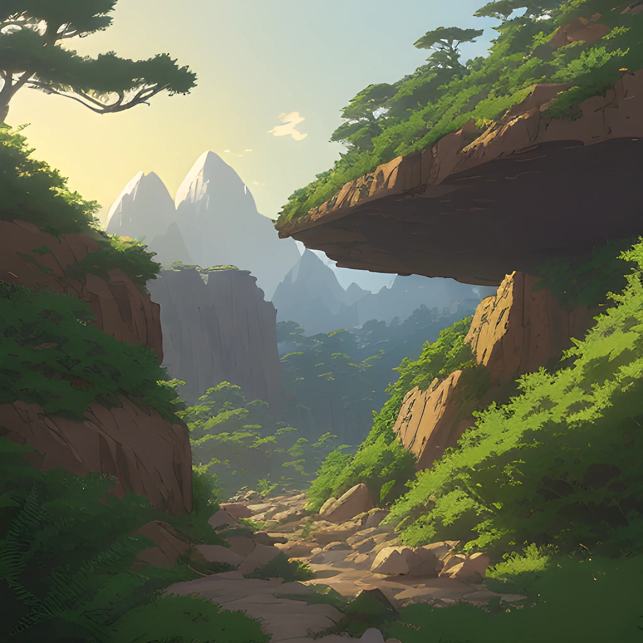 horizontal view with bush and rocks... in the style of makoto shinkai and greg rutkowski and albert bierstadt and james gurney, Cartoon