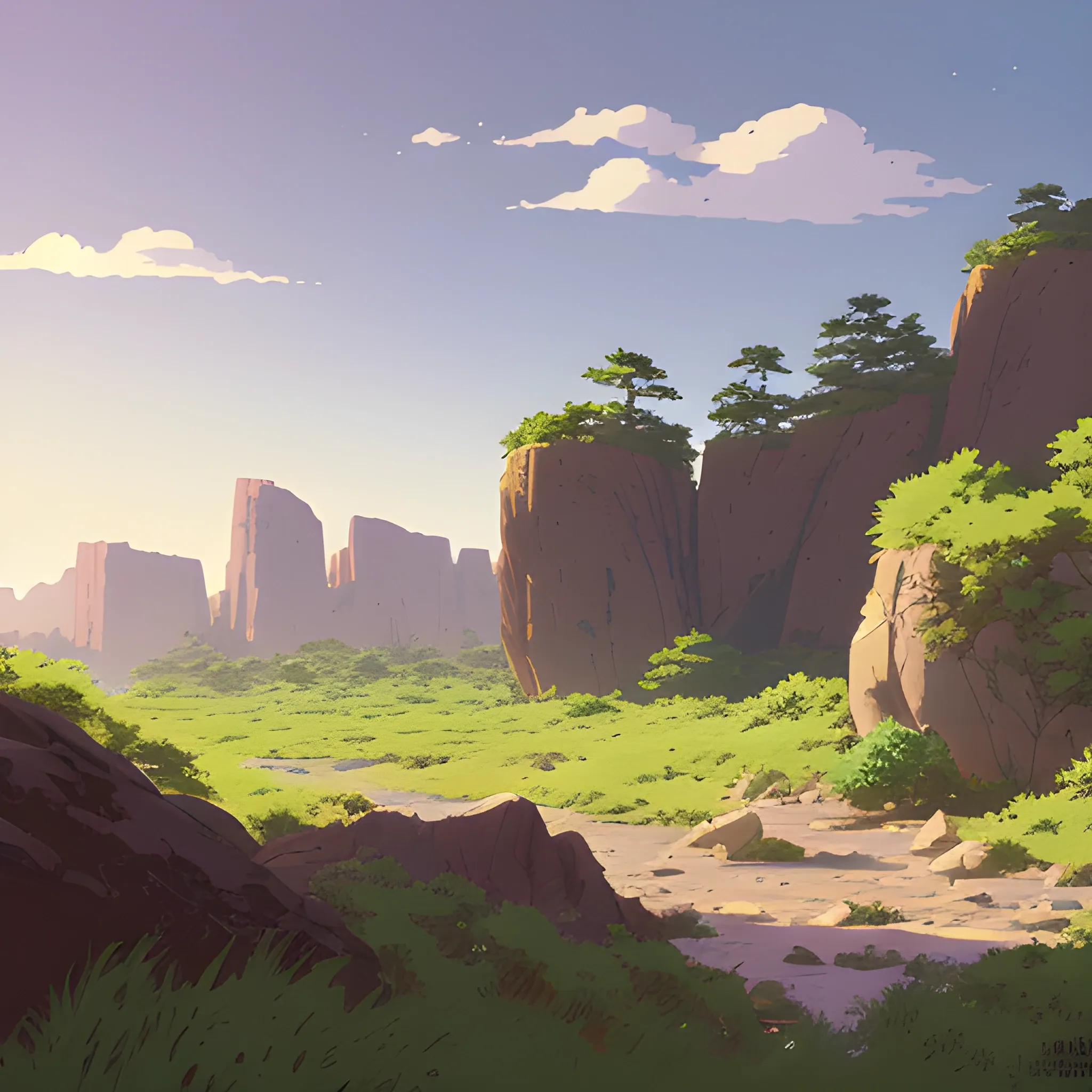 horizontal view with bush and rocks... in the style of makoto shinkai and greg rutkowski and albert bierstadt and james gurney, Cartoon