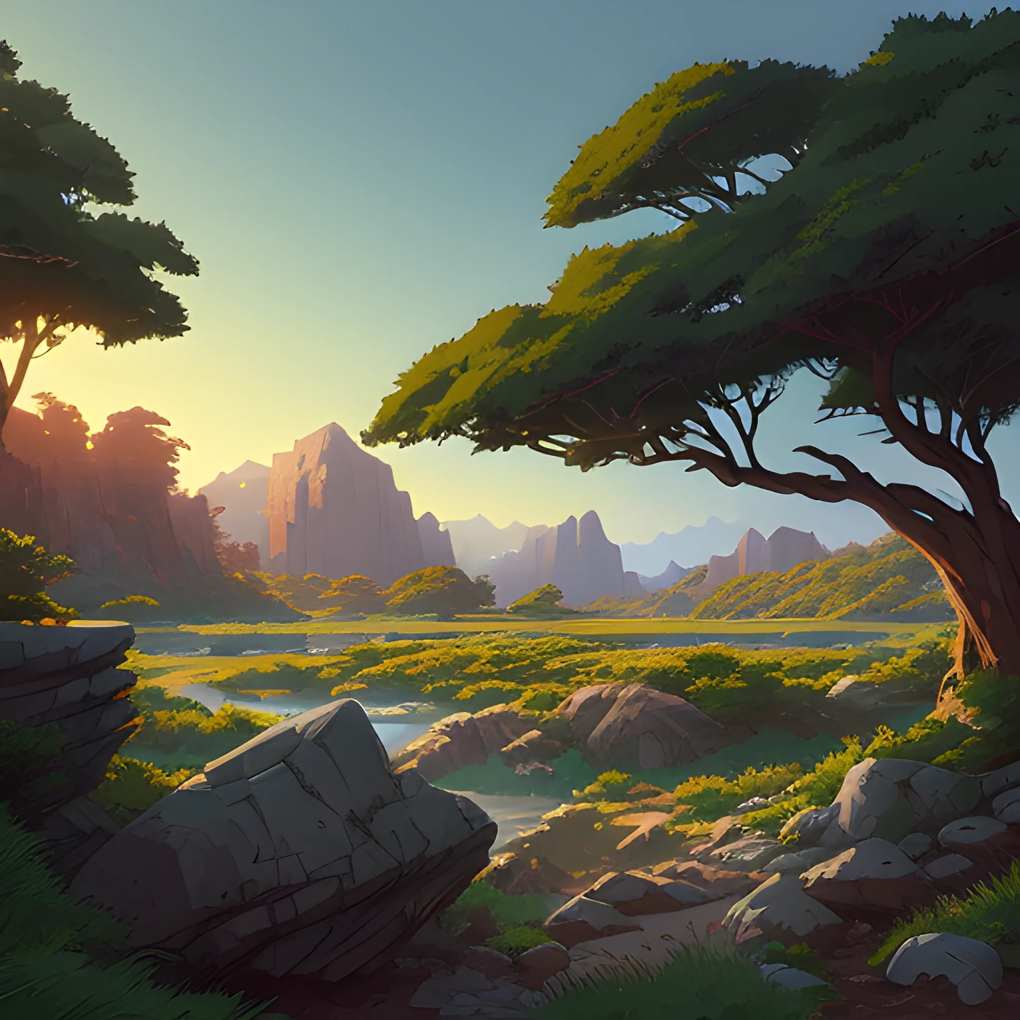 horizontal view with bush and rocks... in the style of makoto shinkai and greg rutkowski and albert bierstadt and james gurney, Cartoon