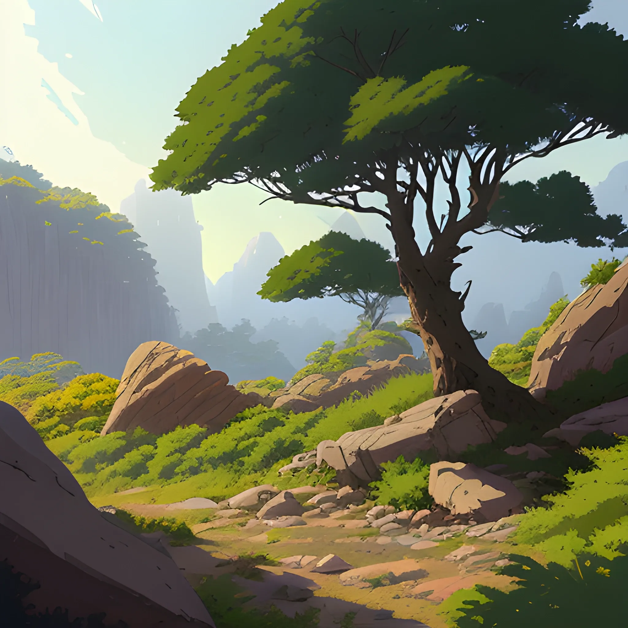 horizontal view with bush and rocks... in the style of makoto shinkai and greg rutkowski and albert bierstadt and james gurney, Cartoon