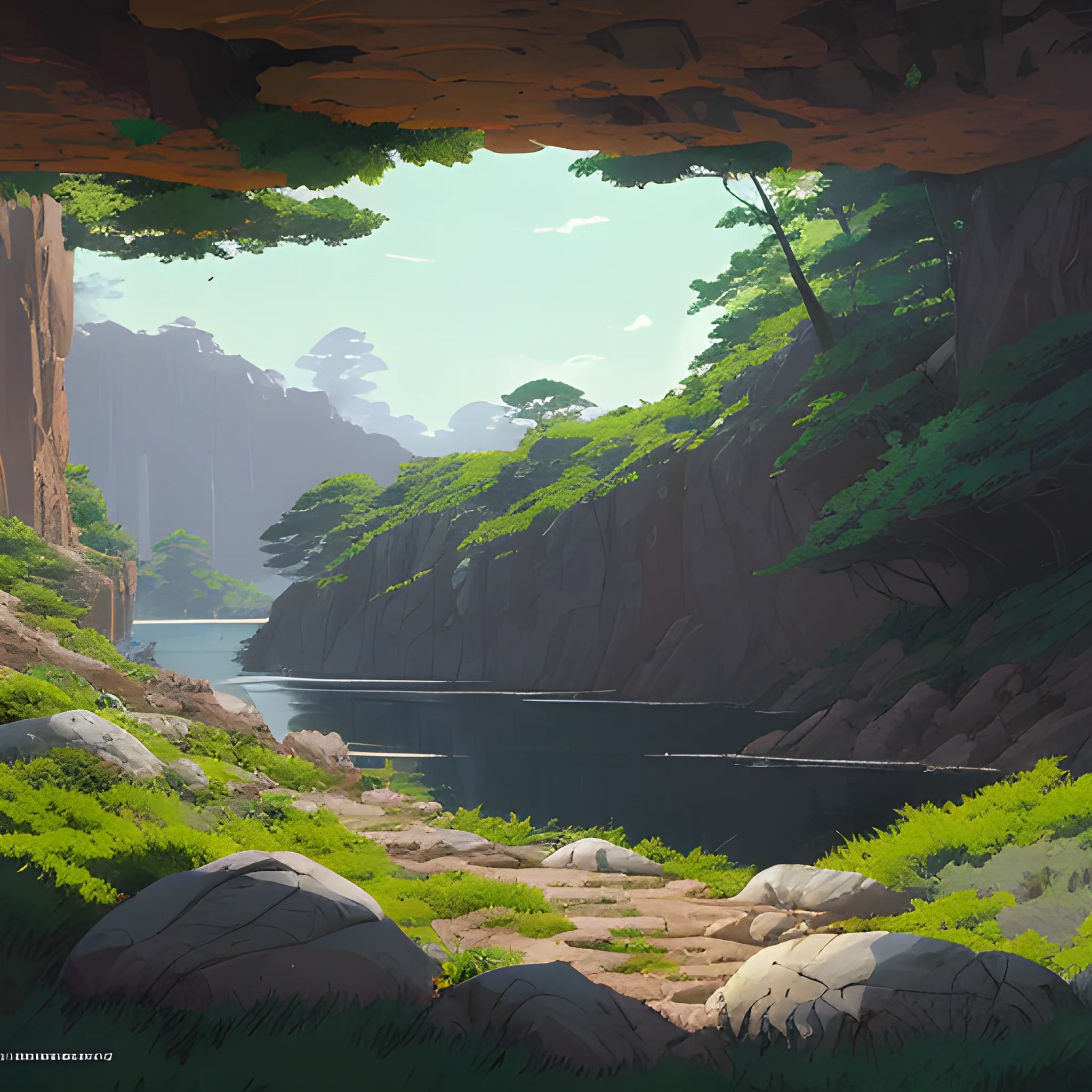 horizontal view with bush and rocks... in the style of makoto shinkai and greg rutkowski and albert bierstadt and james gurney, Cartoon